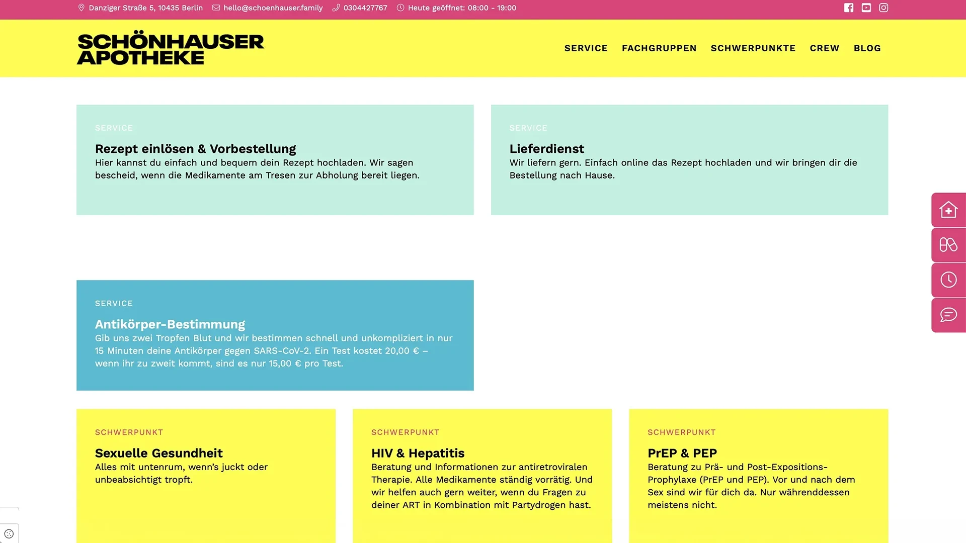 Screenshot einer Apotheken-Website mit Informationen zu Rezeptvorbestellung, Lieferdienst, Corona-Test, HIV & Hepatitis sowie PrEP & PEP am 20.09.2023