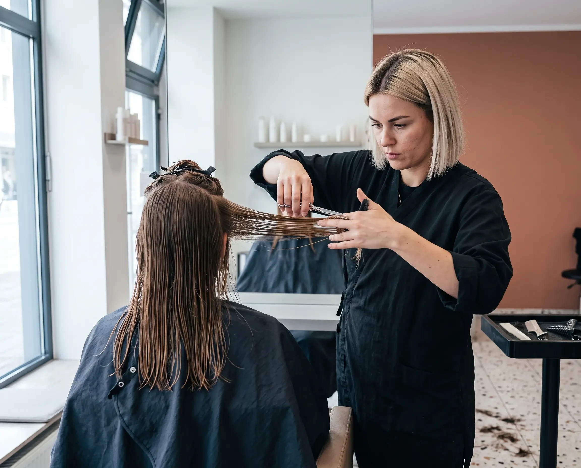 Friseurin schneidet einer Kundin die Haare in einem modernen Salon (KI-generiert)