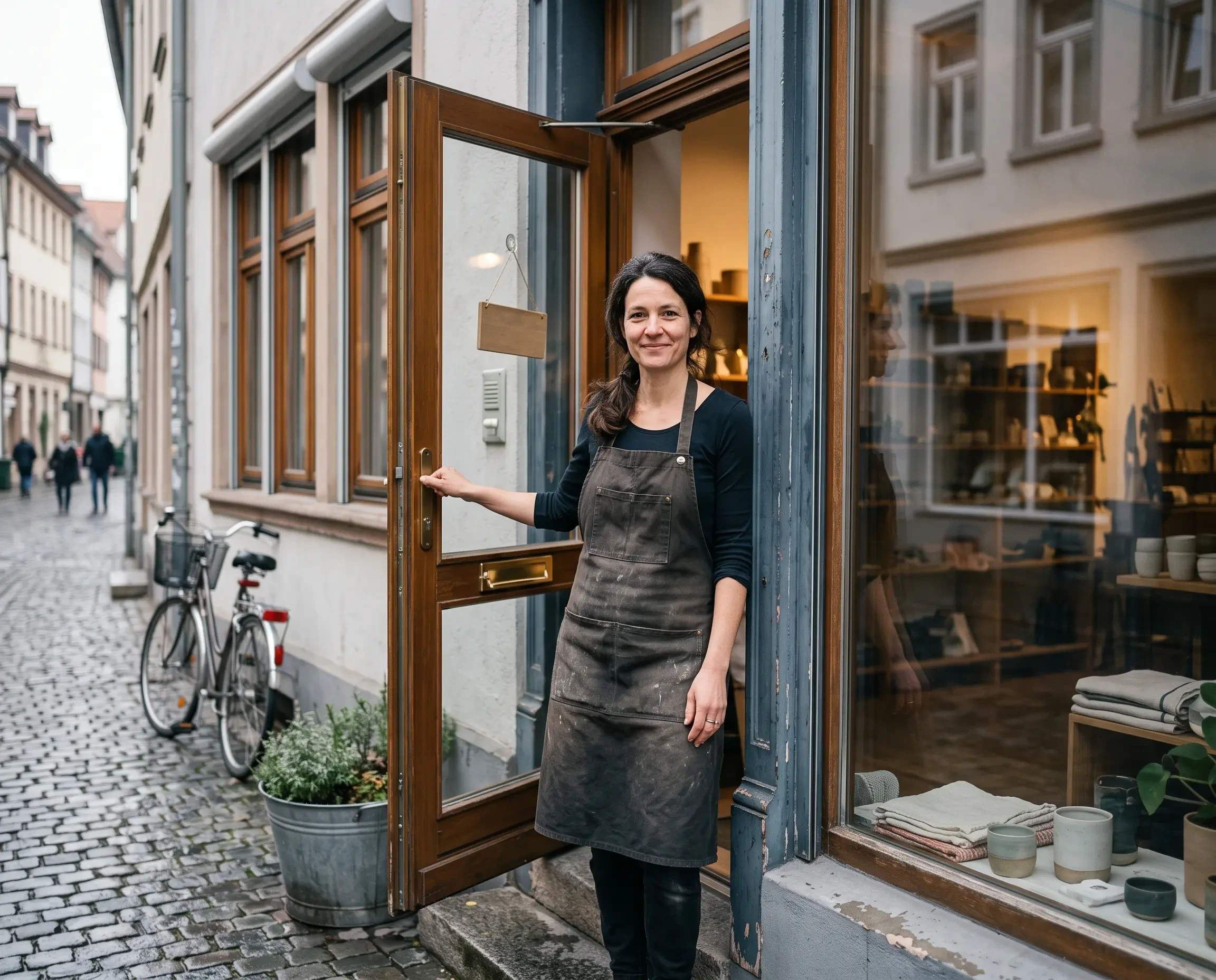 locallisting: Inhaberin eines lokalen Geschäfts steht freundlich in der Tür ihres Ladens in einer europäischen Altstadt (KI-generiert)