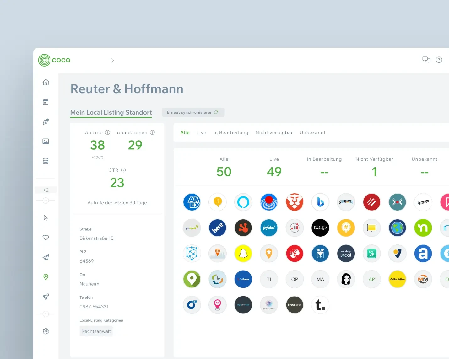 Local-Listing-Übersicht eines Standorts in COCO mit Aufrufen, Interaktionen und den Logos der verbundenen Plattformen