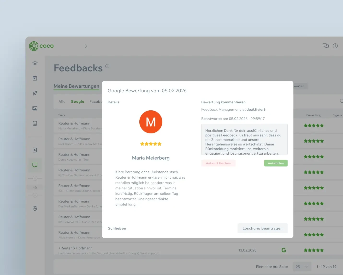 Feedback-Bereich in COCO mit geöffneter Google-Bewertung, Sternebewertung und Eingabefeld für die Antwort
