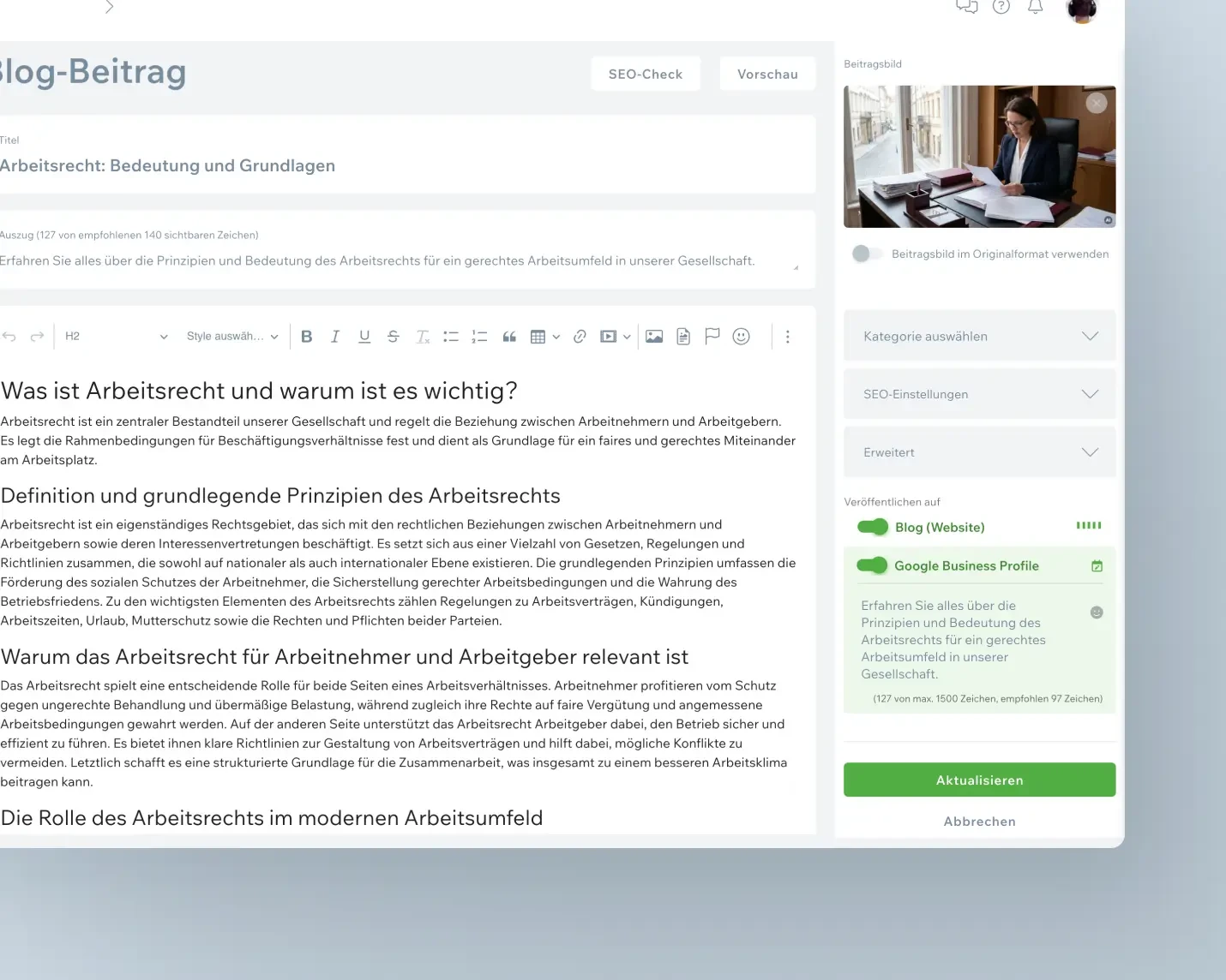 Beitrag im COCO Editor, rechts die aktivierten Schalter zum Veröffentlichen auf dem Website-Blog und im Google Business Profile