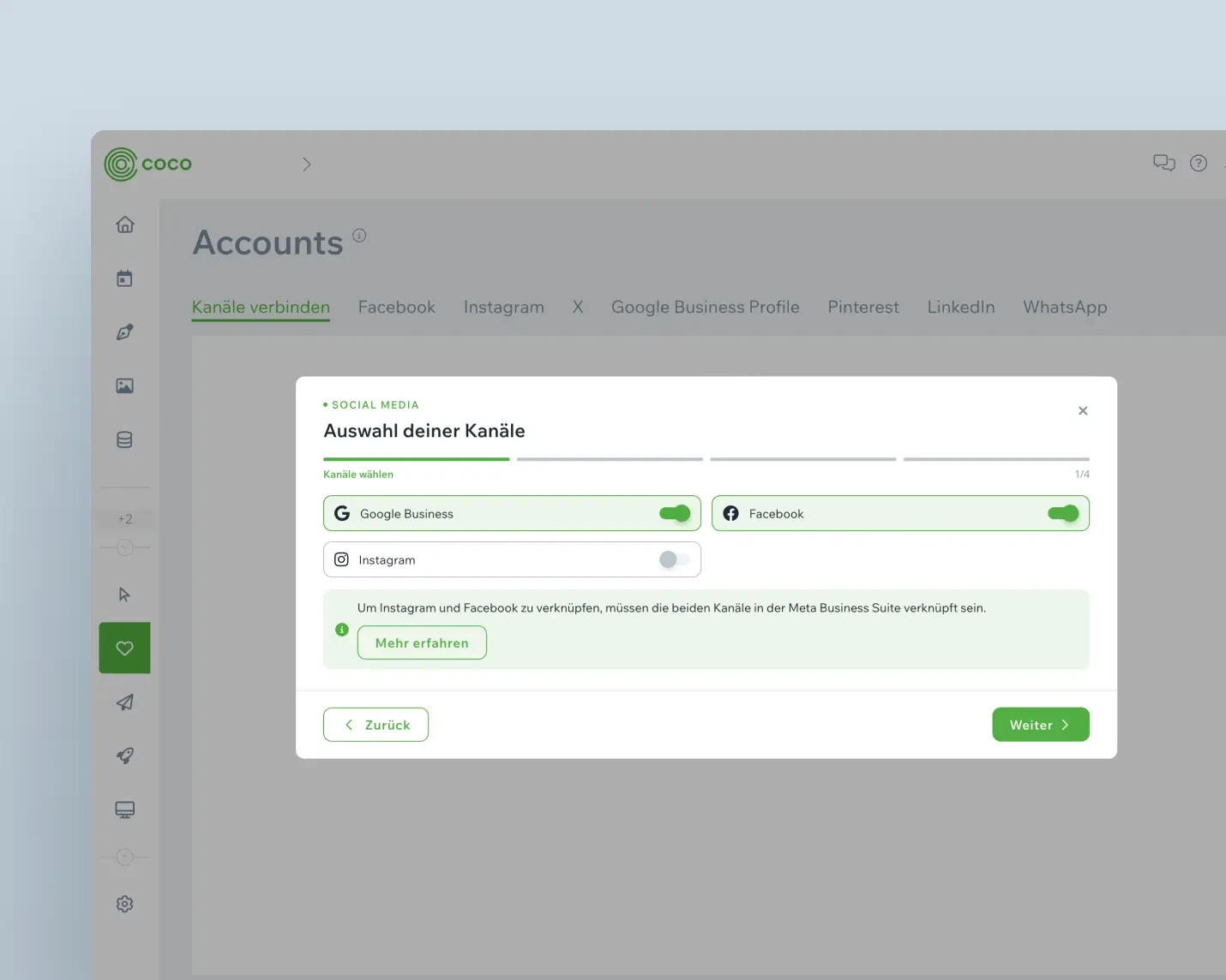 Account-Bereich in COCO mit Reitern für Facebook, Instagram, X, LinkedIn und Pinterest sowie Dialog zur Auswahl der zu verbindenden Kanäle