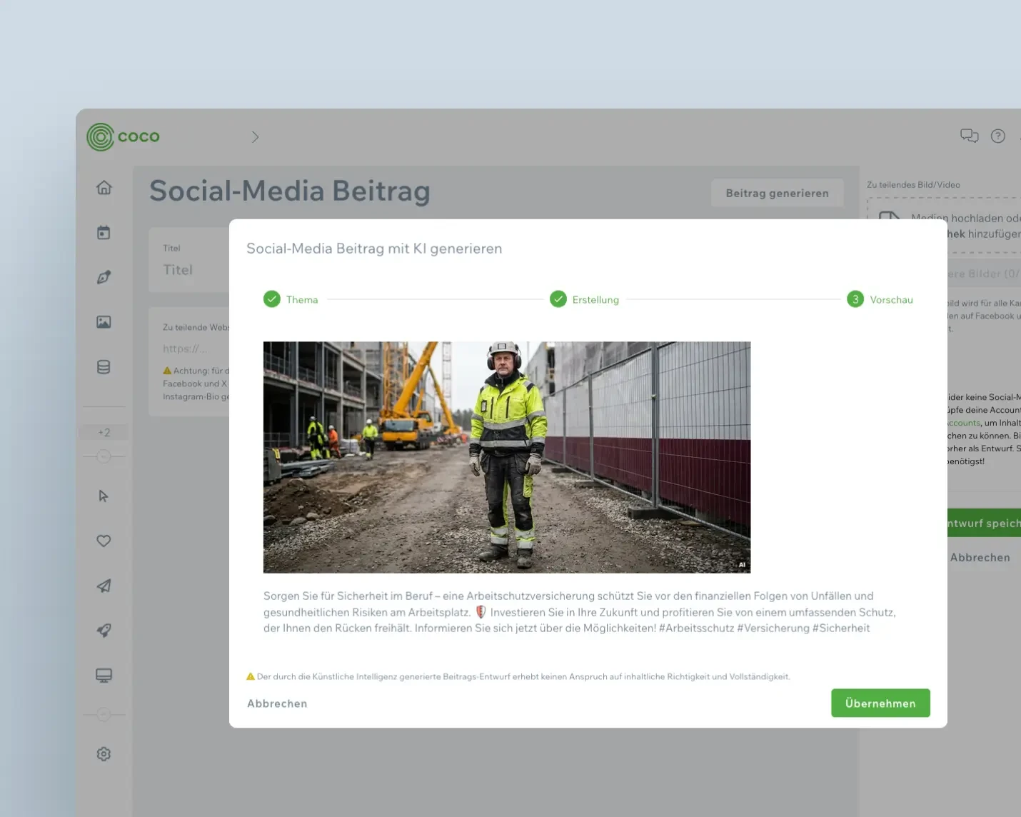 Dialog in COCO zum Generieren eines Social-Media-Beitrags: Vorschau mit Bild, Beitragstext samt Hashtags und Hinweis auf den KI-Entwurf