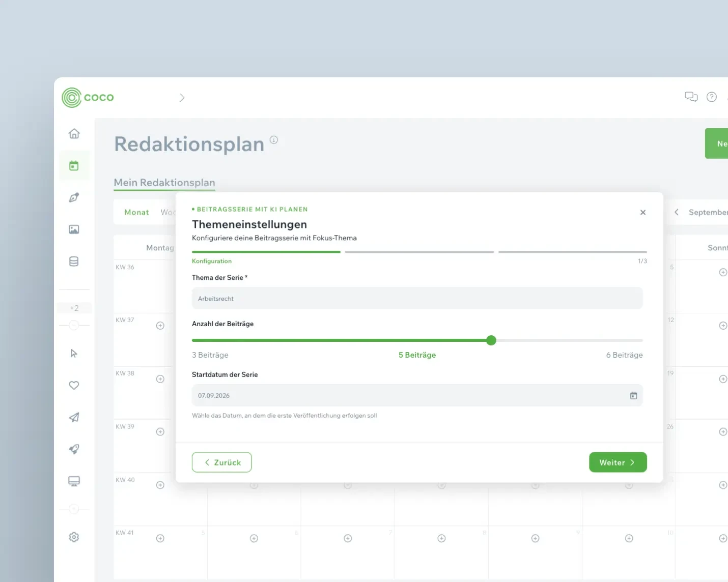Redaktionsplan in COCO mit Kalenderansicht und Dialog zum Anlegen einer Beitragsserie mit Fokusthema, Anzahl der Beiträge und Startdatum