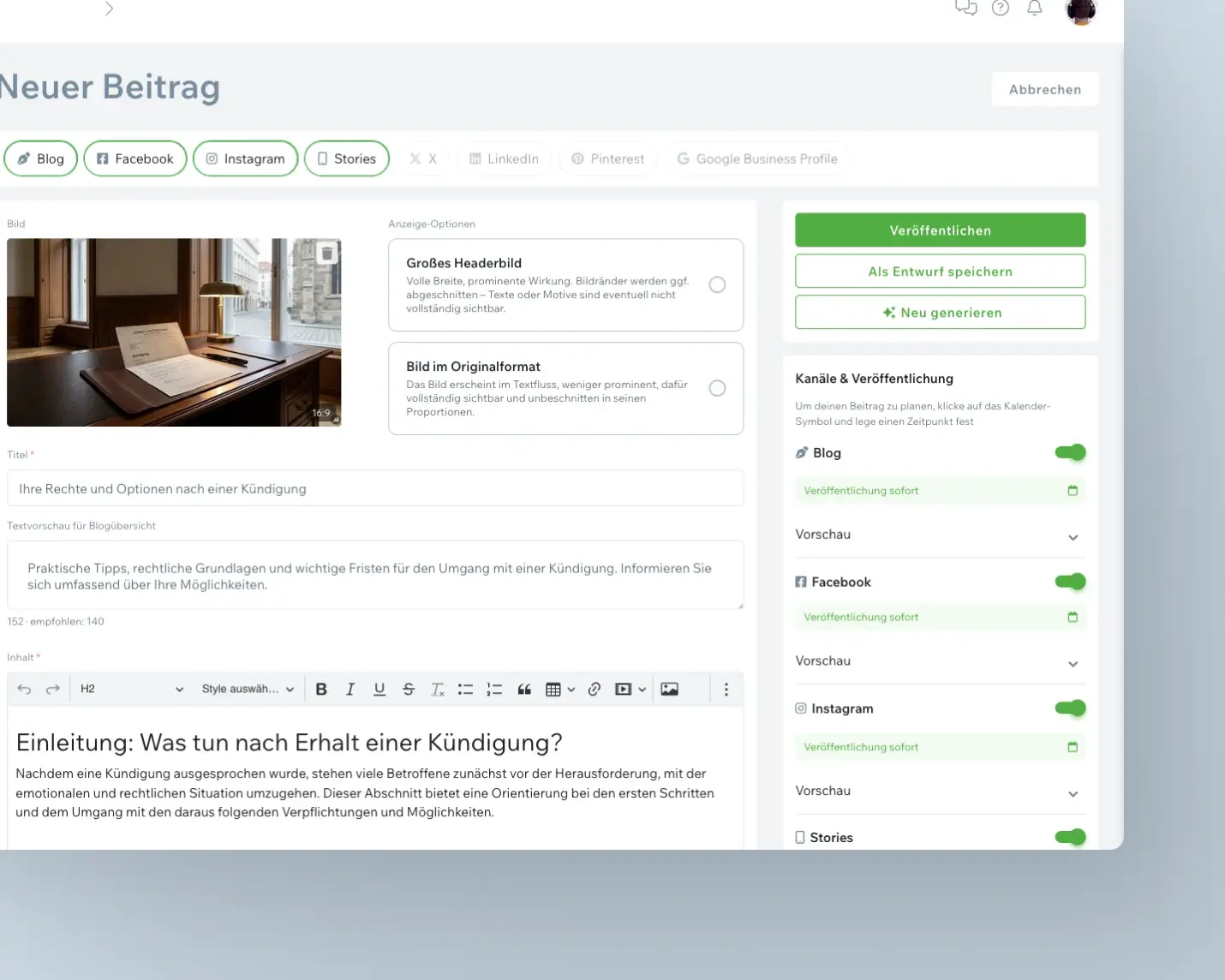 Beitrags-Editor in COCO mit Kanalauswahl für Blog, Facebook, Instagram und Stories und den zugehörigen Veröffentlichungsschaltern