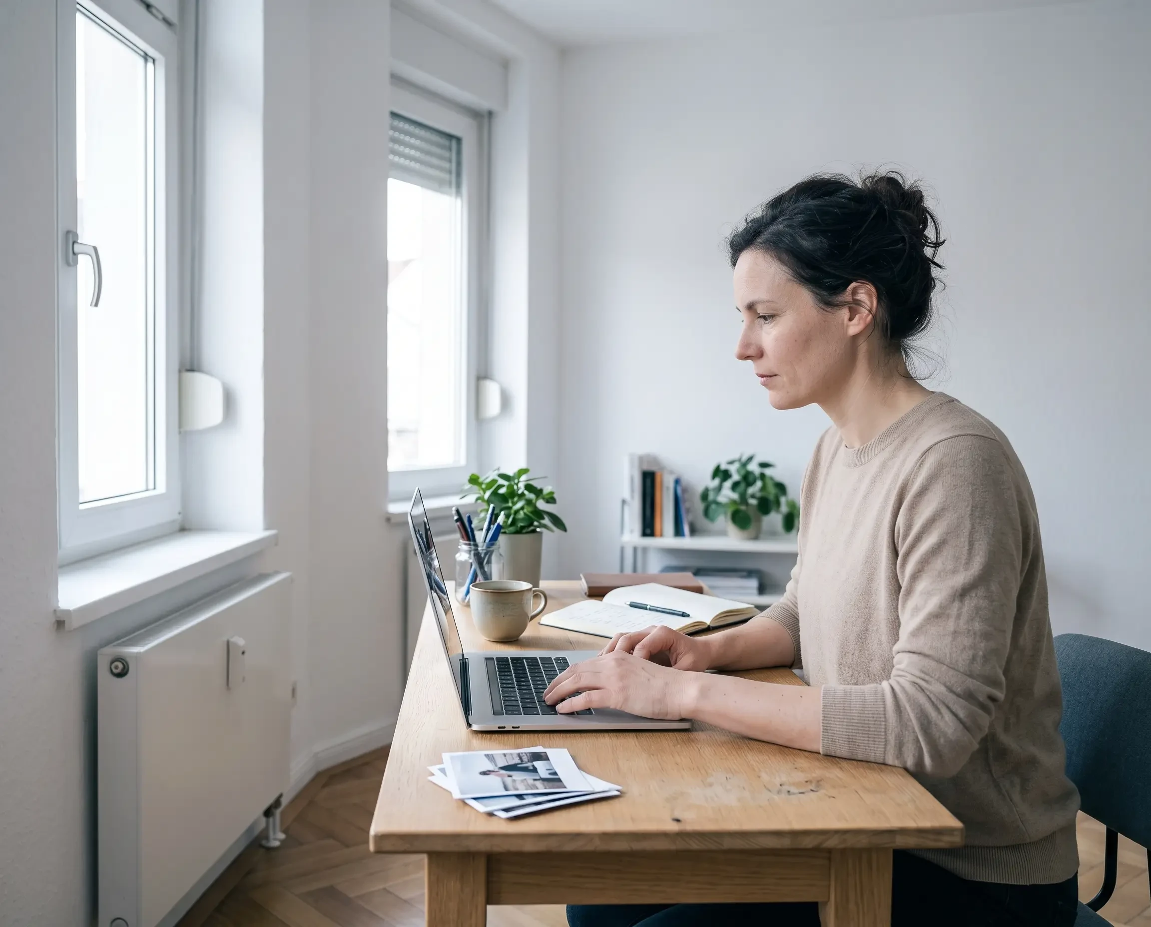 Frau arbeitet am Laptop im Homeoffice für einen Newsletter – gemini generated image (KI-generiert)