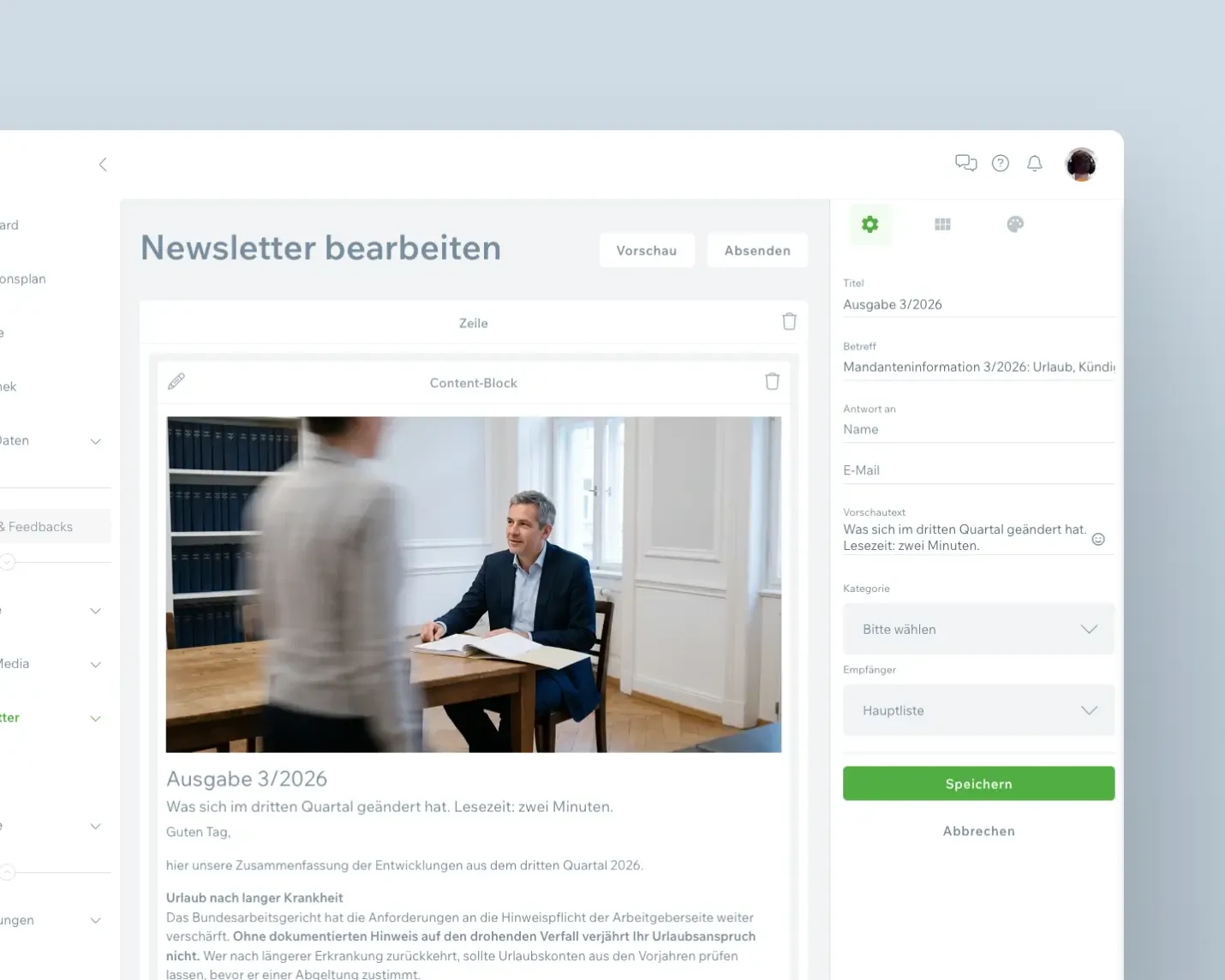 Newsletter-Editor in COCO mit einem Content-Block aus Bild und Text, rechts die Einstellungen für Titel, Betreff, Vorschautext und Empfängerliste