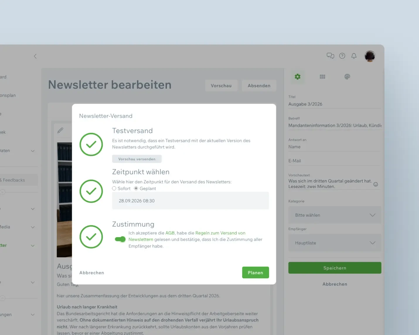 Versanddialog in COCO mit Testversand, Auswahl von Datum und Uhrzeit für den geplanten Versand und Bestätigung der Versandregeln