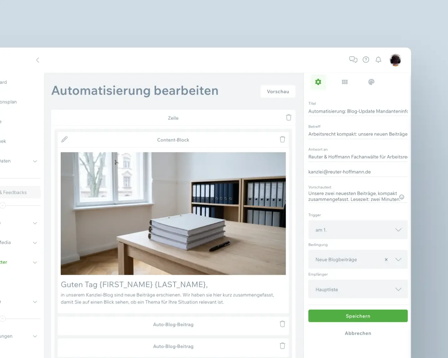 Automatisierung in COCO mit persönlicher Anrede über Platzhalter und den Einstellungen für Auslöser, Bedingung und Empfängerliste