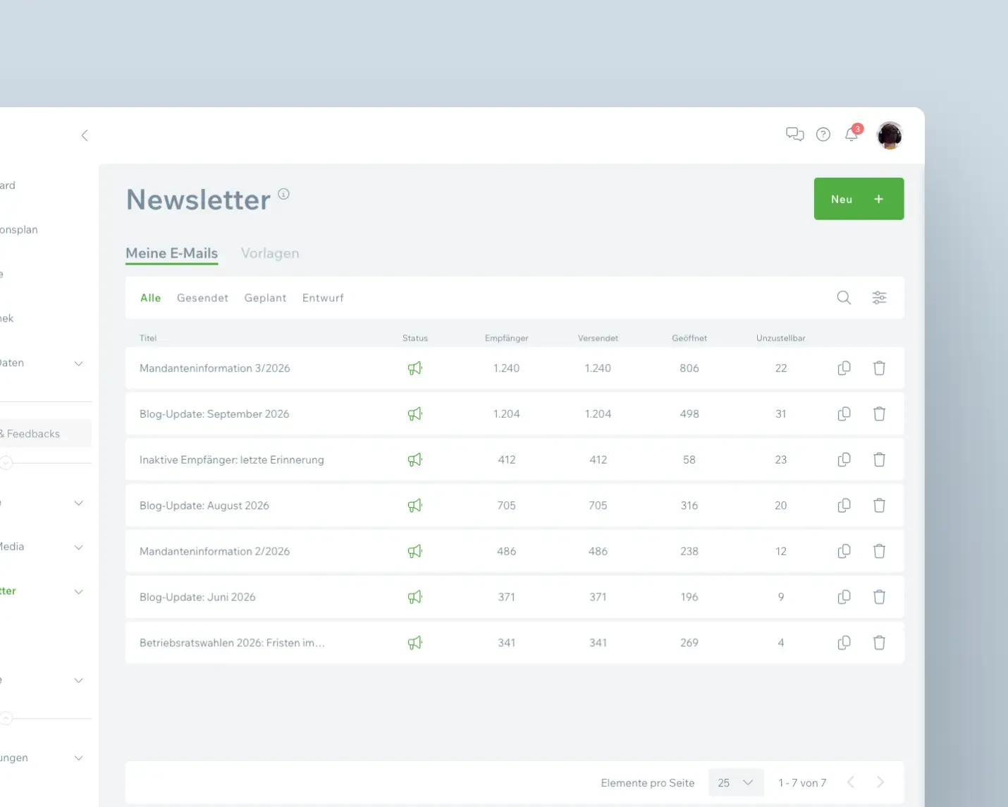 Newsletter-Übersicht in COCO mit einer Liste versendeter Ausgaben und Spalten für Empfänger, Versendet, Geöffnet und Unzustellbar