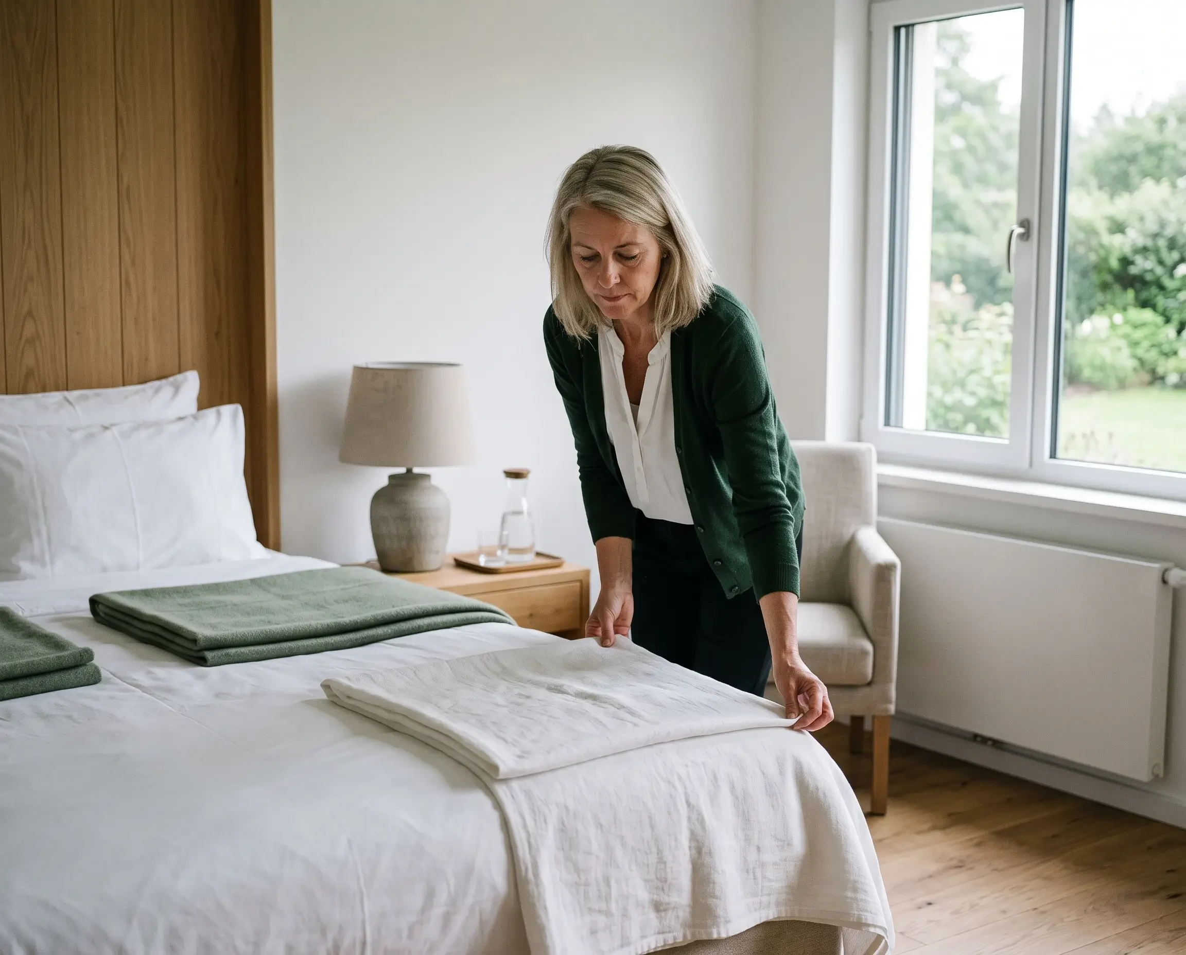 Frau richtet Bett in einem modernen Hotelzimmer – gastro gemini generated image (KI-generiert)
