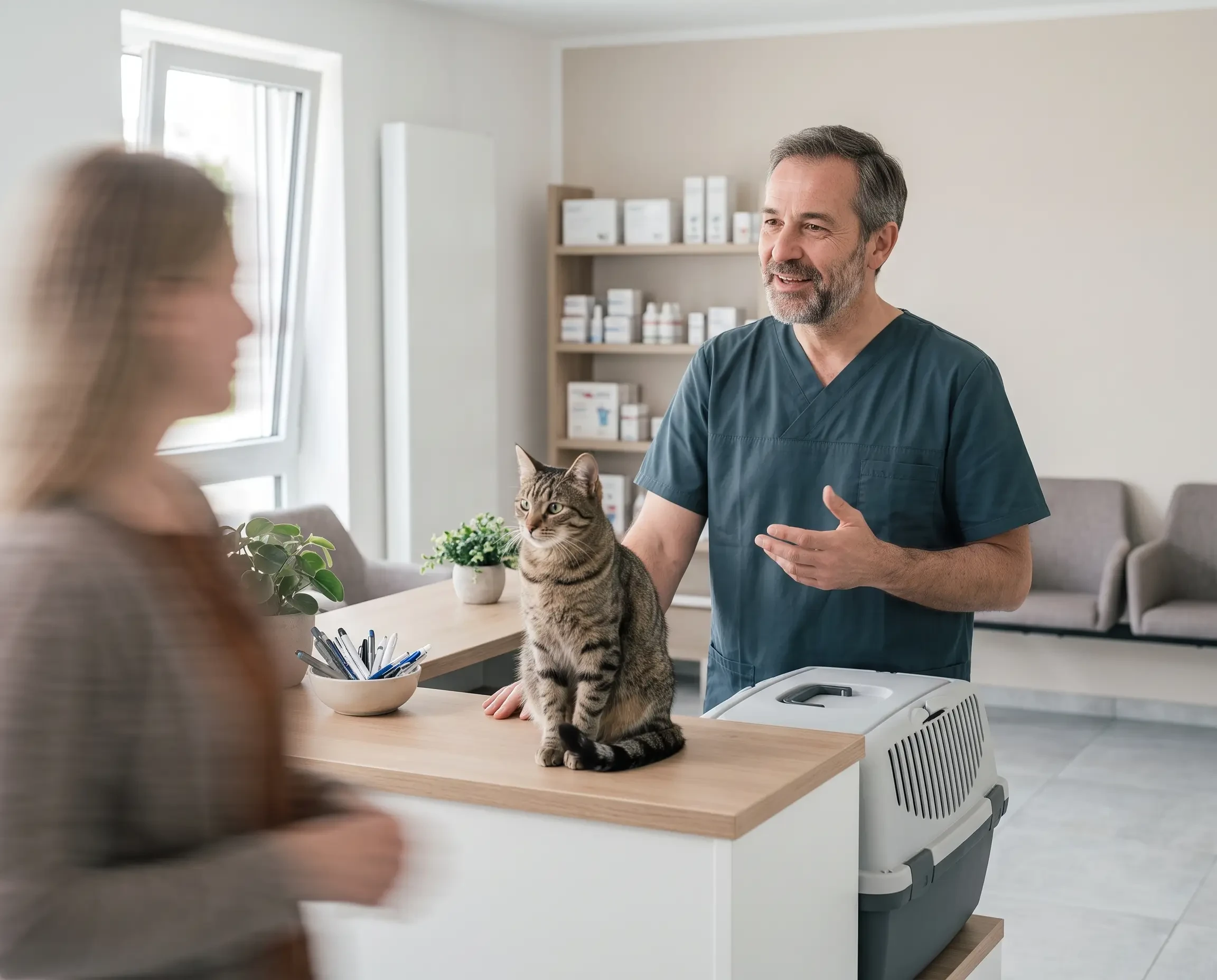 Tierarzt spricht mit Katzenbesitzerin in moderner Tierarztpraxis, Katze sitzt auf Tresen (KI-generiert)