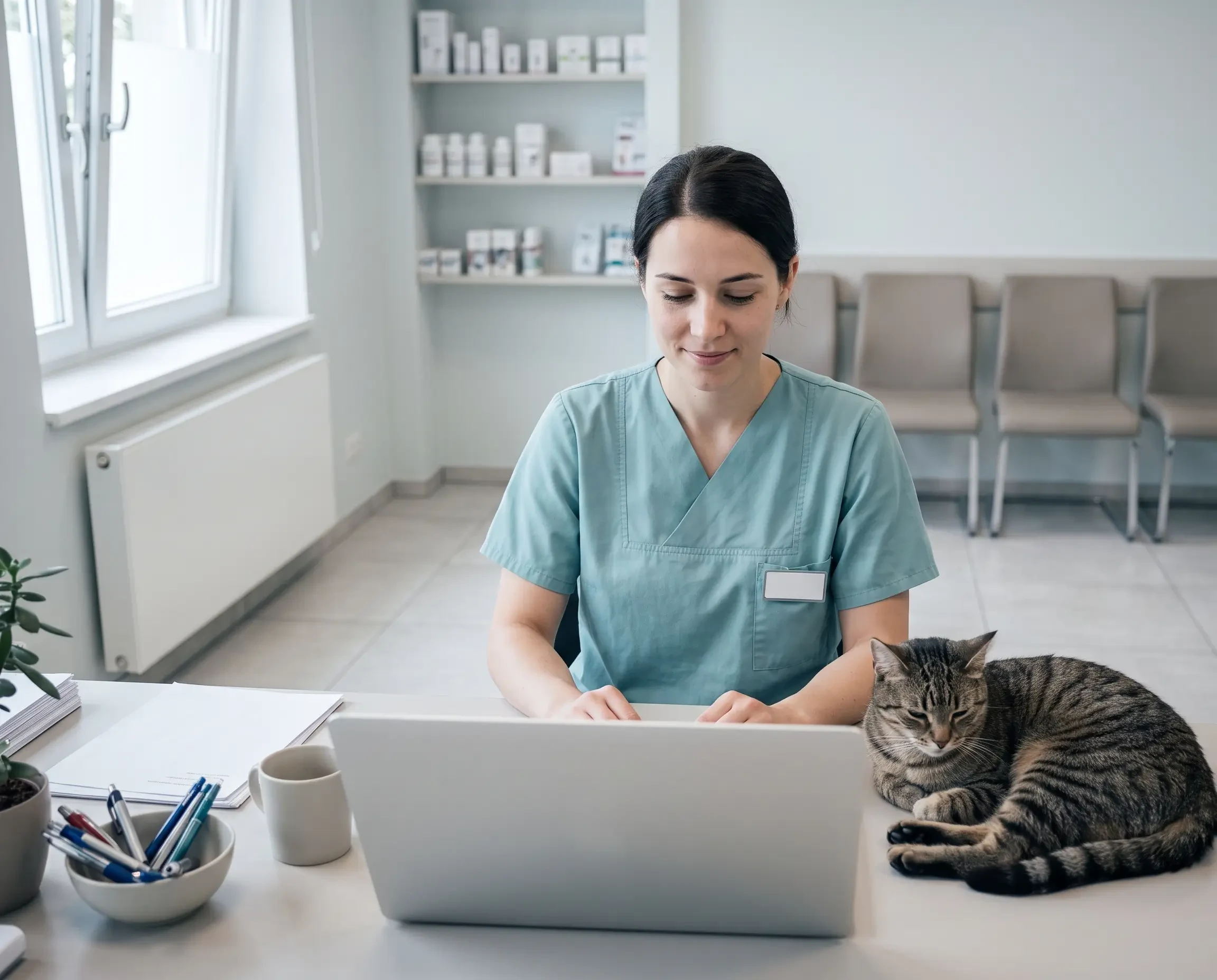 Tierärztin arbeitet am Laptop in einer Tierarztpraxis mit einer Katze auf dem Tisch (KI-generiert)
