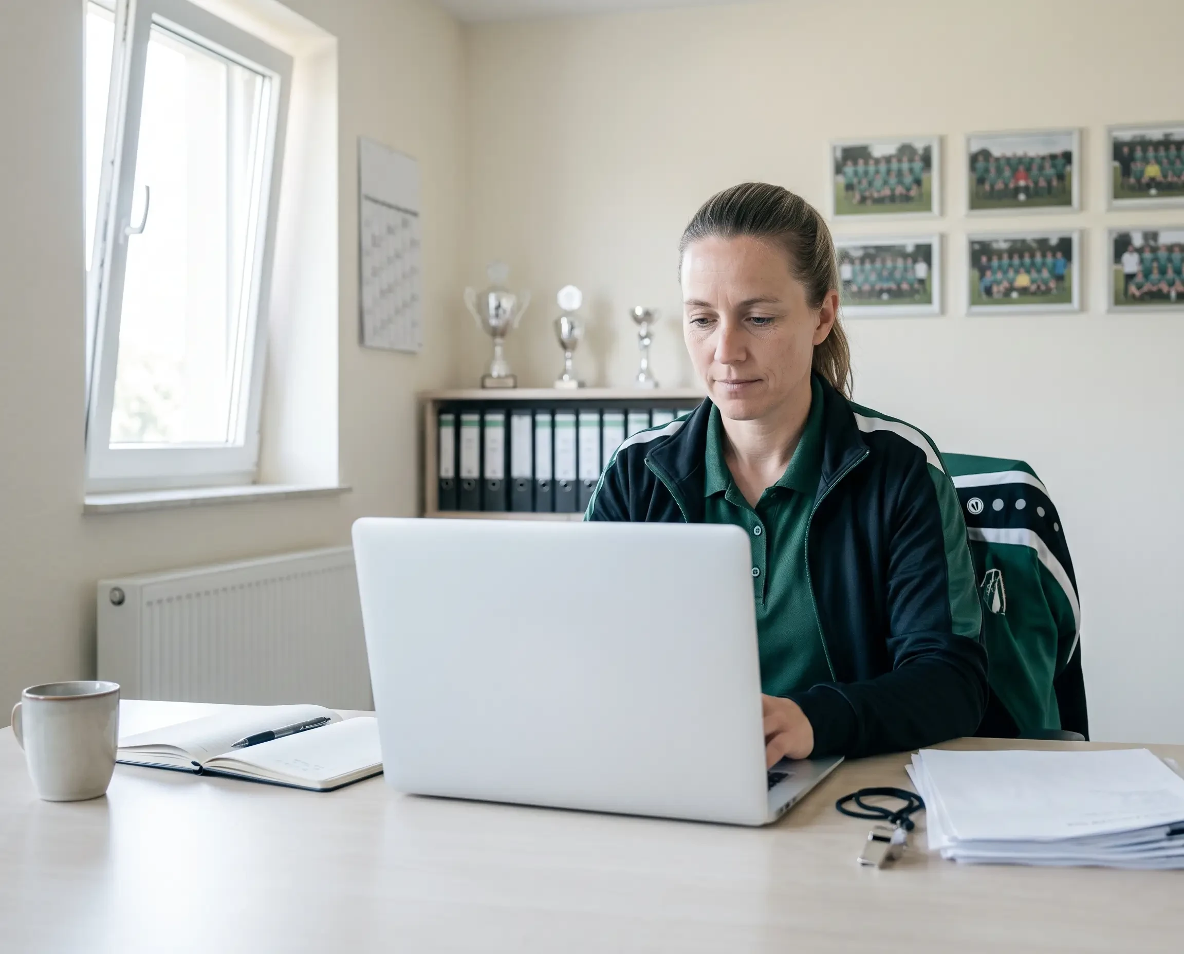 Vereinsmitarbeiterin arbeitet am Laptop im Vereinsbüro mit Pokalen und Mannschaftsfotos im Hintergrund (KI-generiert)