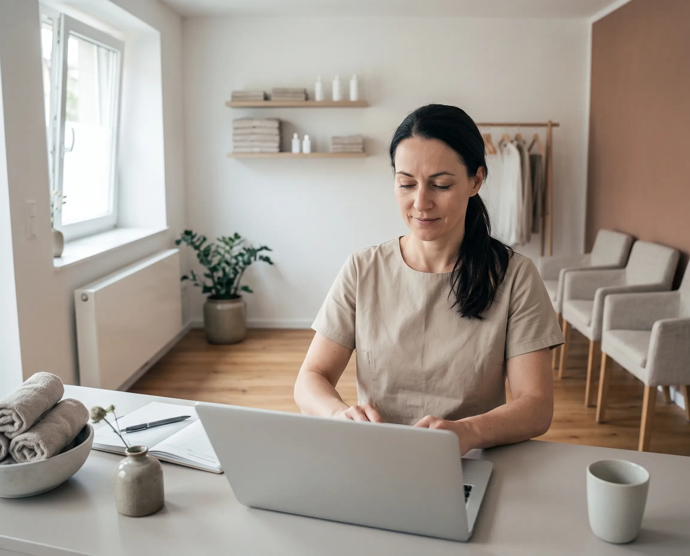 Frau arbeitet am Laptop in einem modernen Salon-Büro, minimalistische Einrichtung und entspannte Atmosphäre (KI-generiert)