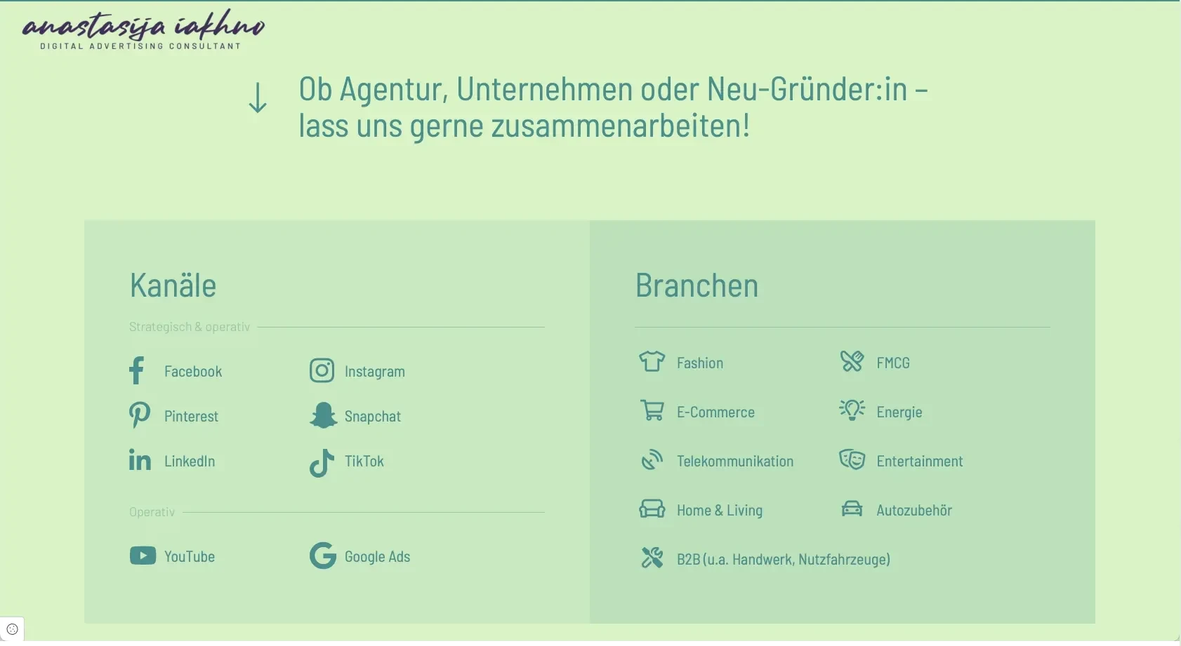 Screenshot mit Branchenübersicht und Social-Media-Plattformen wie Instagram, Snapchat, TikTok und Google Ads, aufgenommen am 20.09.2023 um 13:16:08