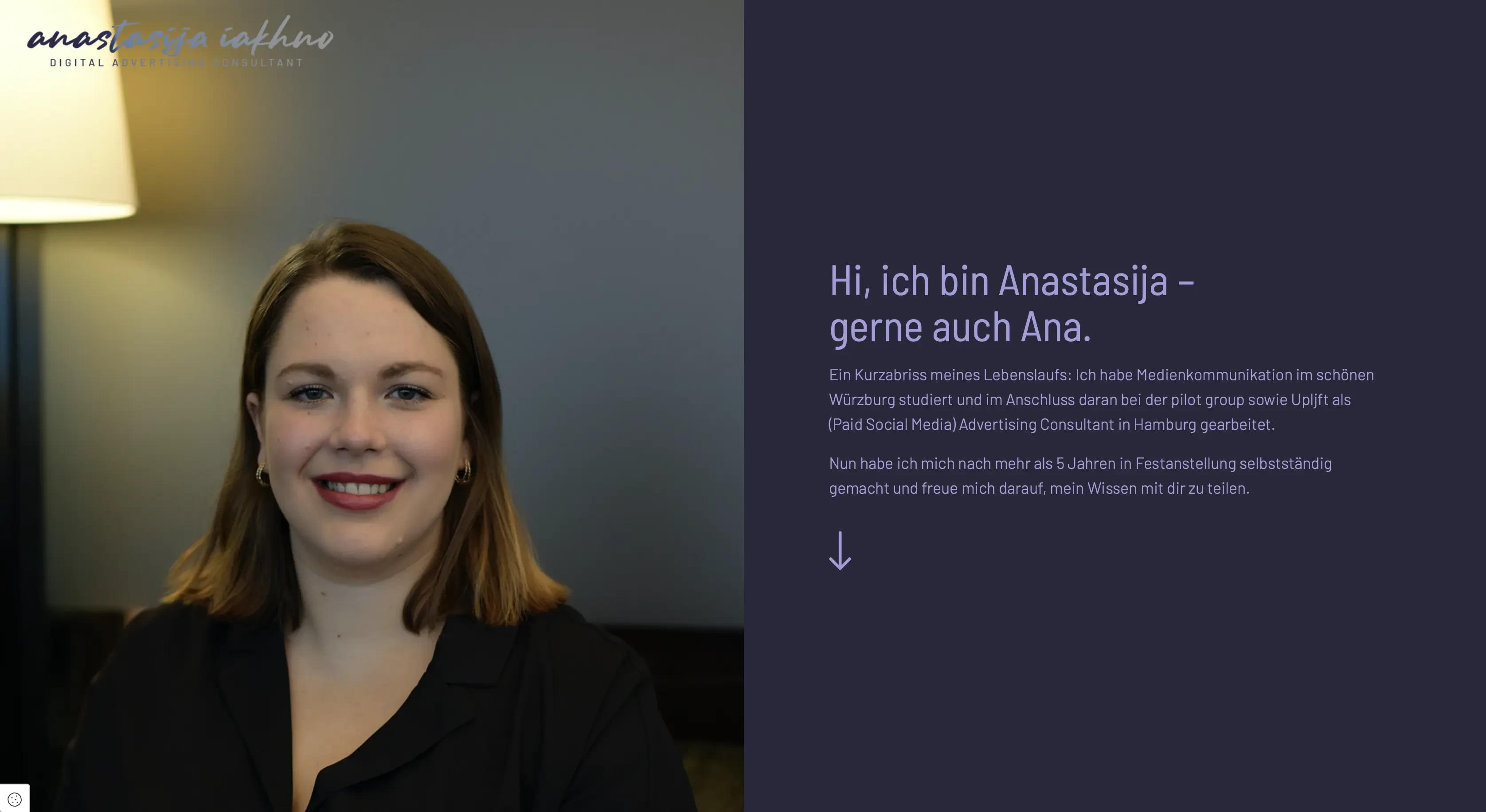 Portrait von Anastasija, auch Ana genannt, mit Begrüßung und Kurzvorstellung als Advertising Consultant