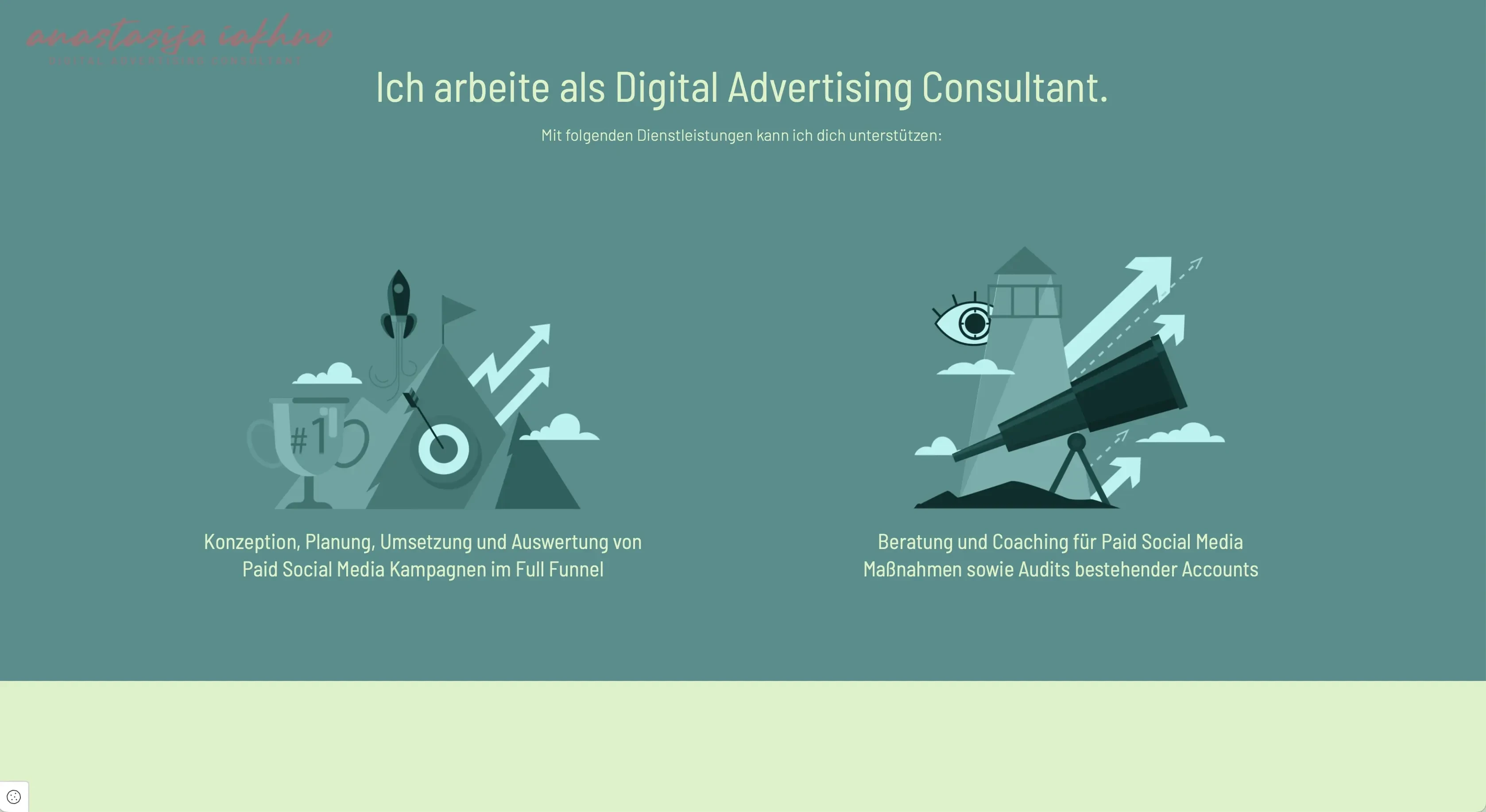 Screenshot einer Dienstleistungsübersicht eines Digital Advertising Consultants mit Fokus auf Social Media Kampagnen und Paid Search Beratung.