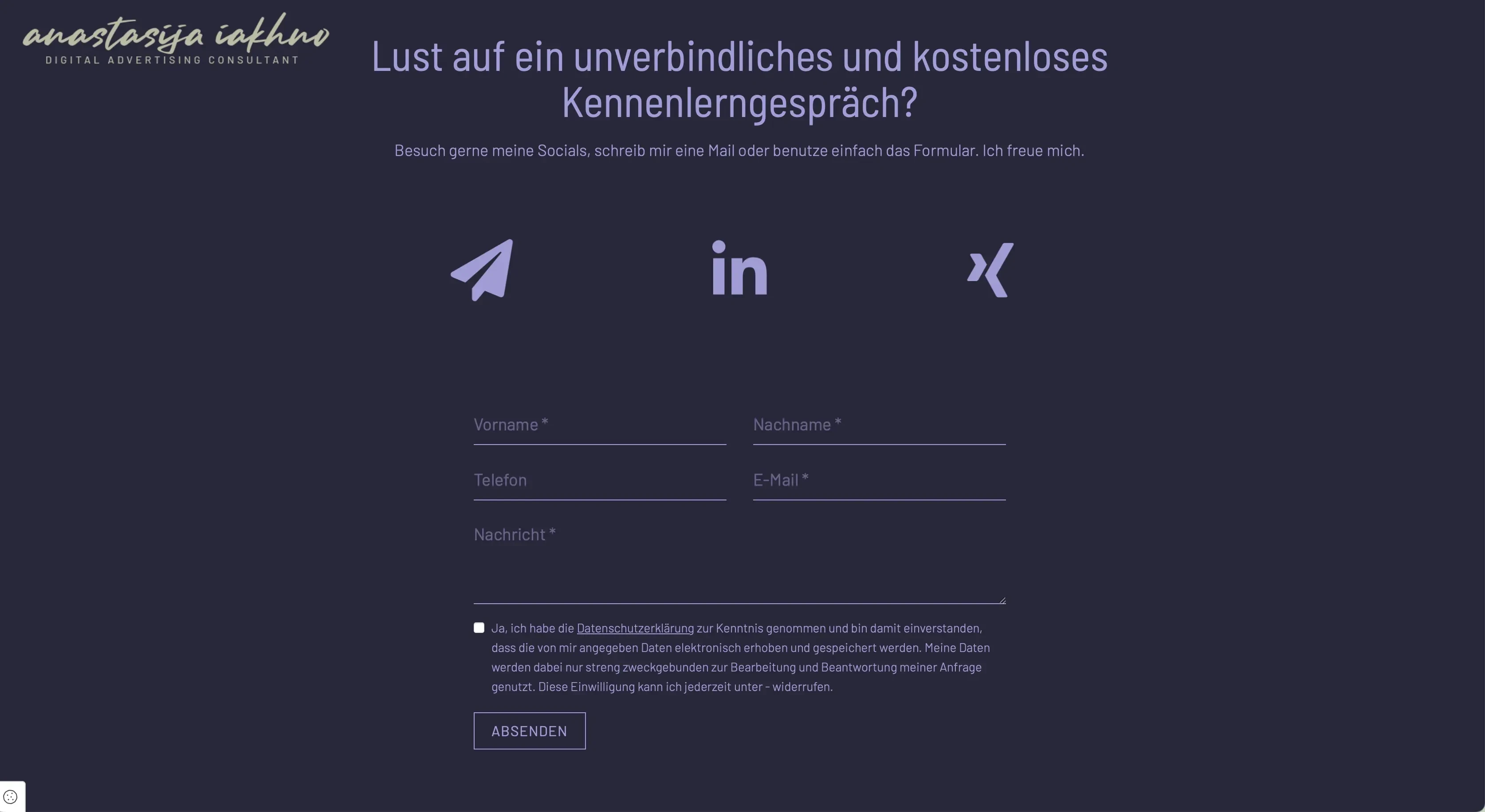 Screenshot eines Kontaktformulars fr ein unverbindliches und kostenloses Kennenlerngesprch mit Social-Media-Icons und Eingabefeldern fr Name, Telefon, E-Mail und Nachricht.