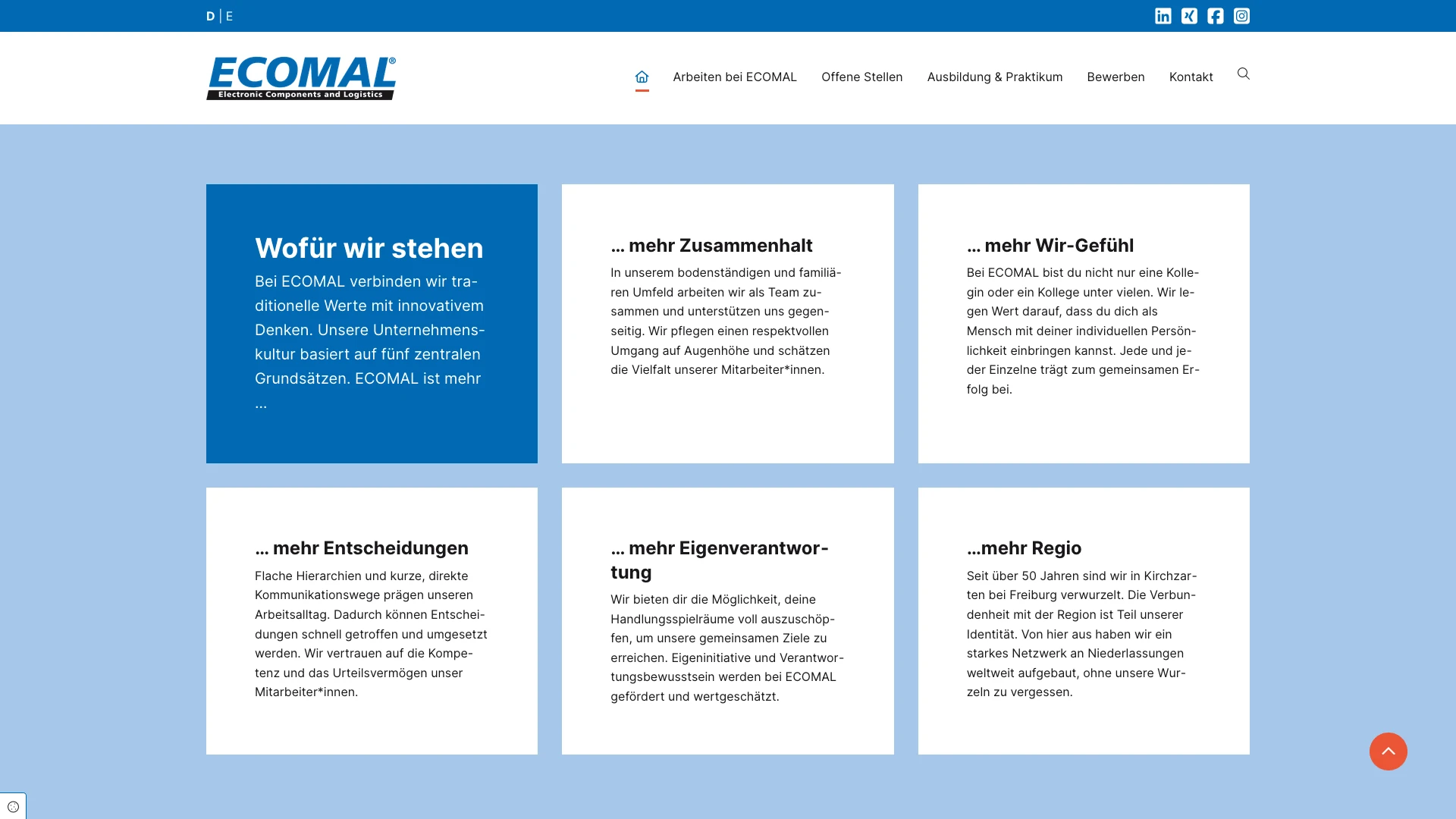 ECOMAL Unternehmenswerte und Arbeitskultur Übersicht auf der Karriereseite
