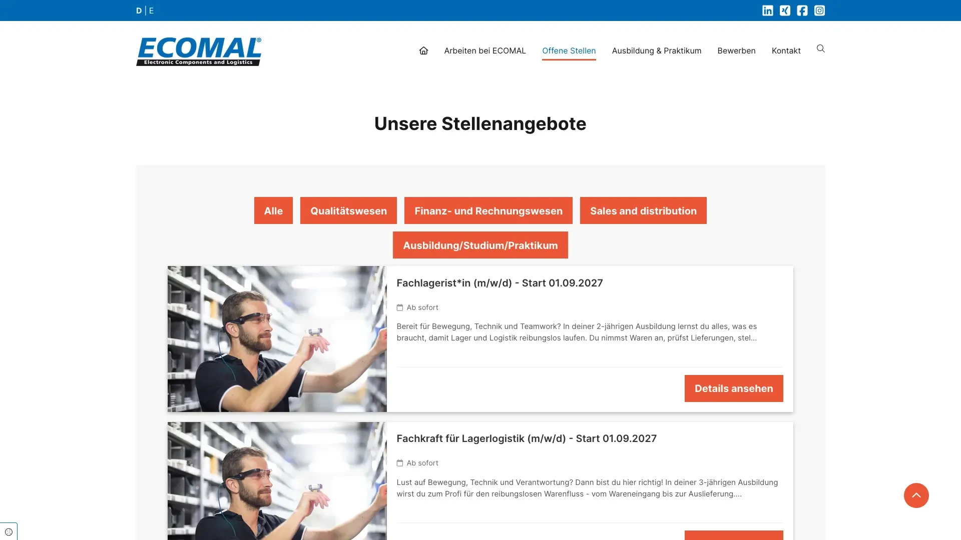 ECOMAL Stellenangebote für Fachlagerist und Fachkraft für Lagerlogistik, Ausbildungsstart 2027