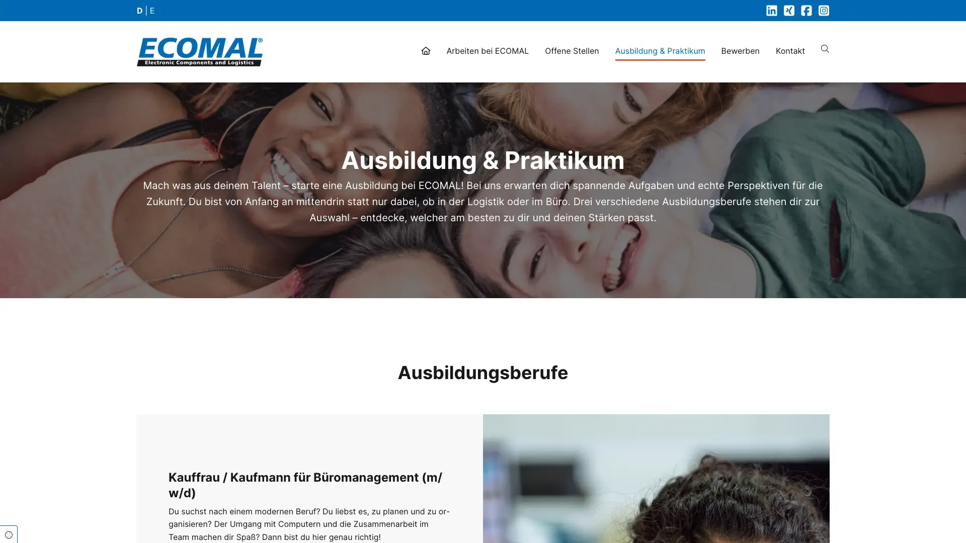 Ausbildung und Praktikum bei ECOMAL – junge Menschen lächelnd auf der Karriereseite