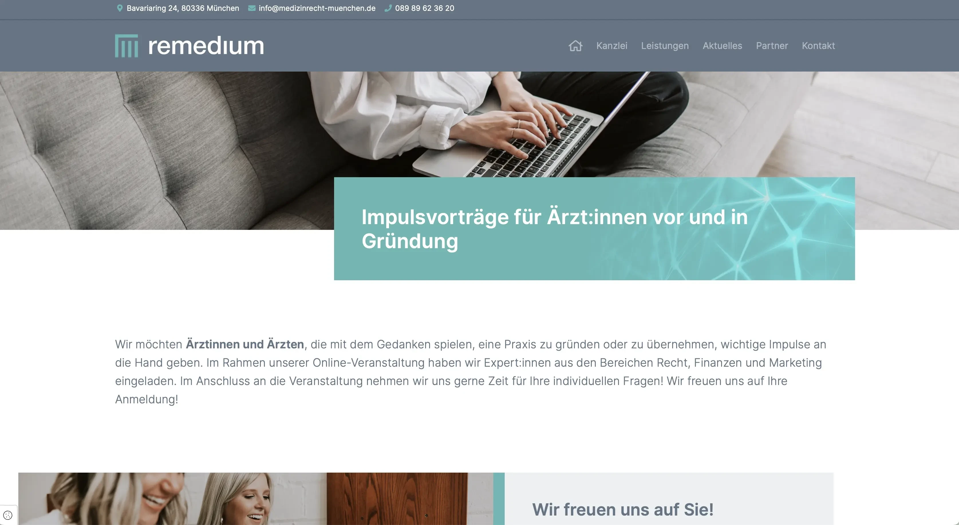 Screenshot einer Webseite mit Informationen zu Impulsvorträgen für Ärztinnen und Ärzte zur Praxisgründung