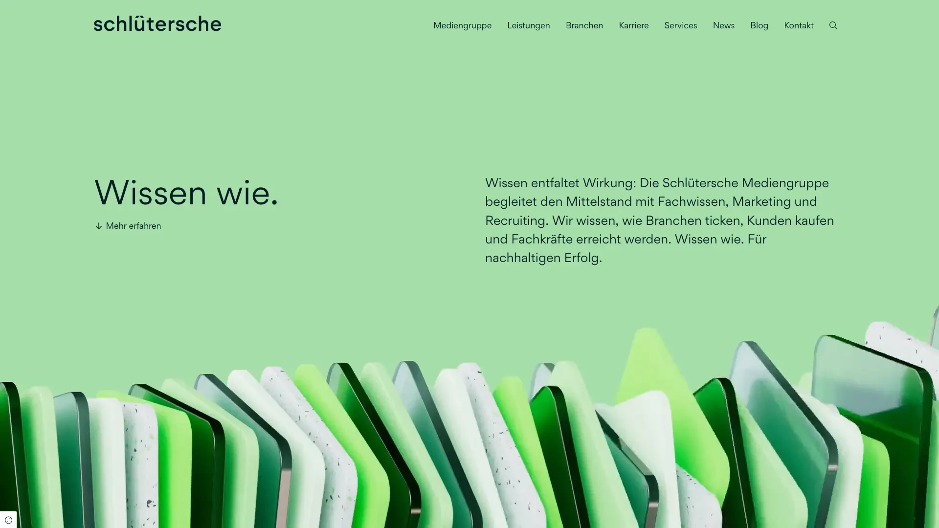 Schlütersche Mediengruppe Startseite mit grünem Design und Text zur Bedeutung von Wissen im Mittelstand