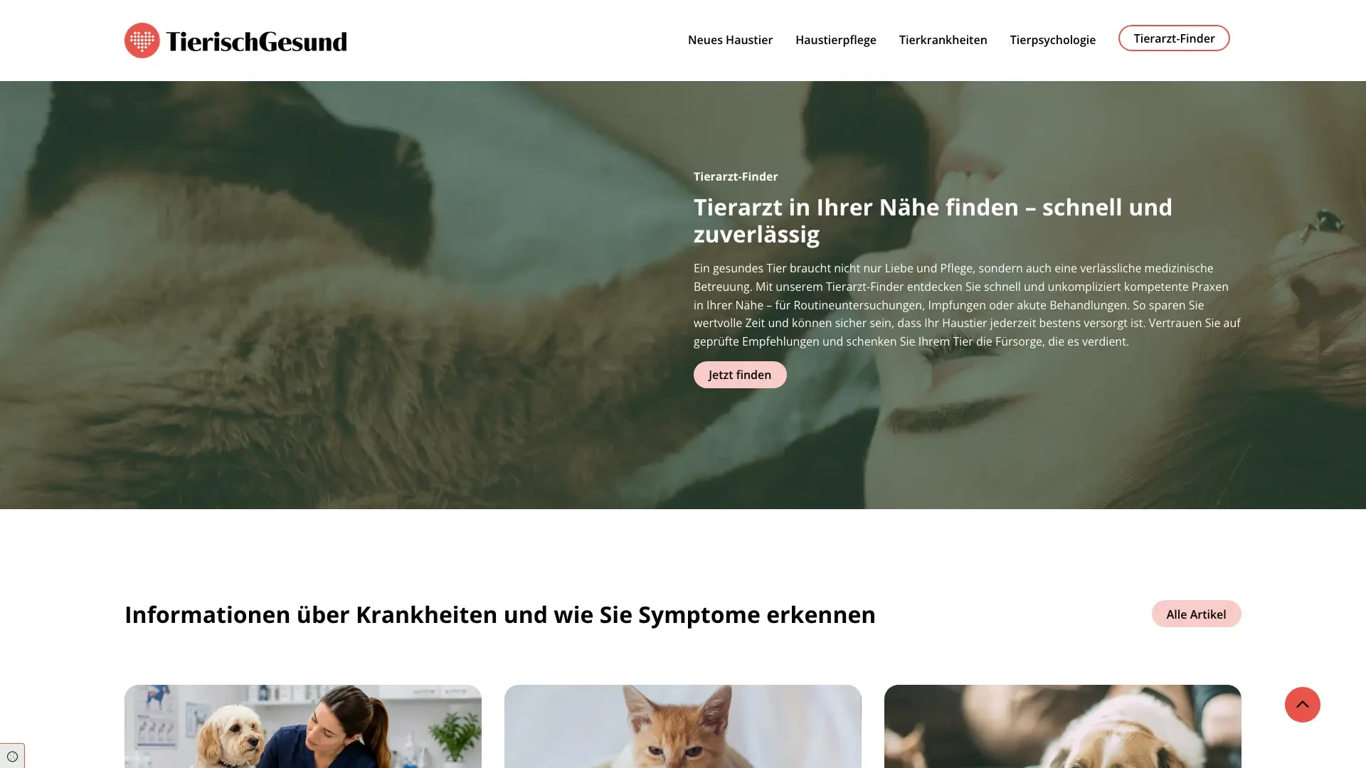 Screenshot der Webseite tierischgesund mit Tierarzt-Finder und Informationen zur Tiergesundheit