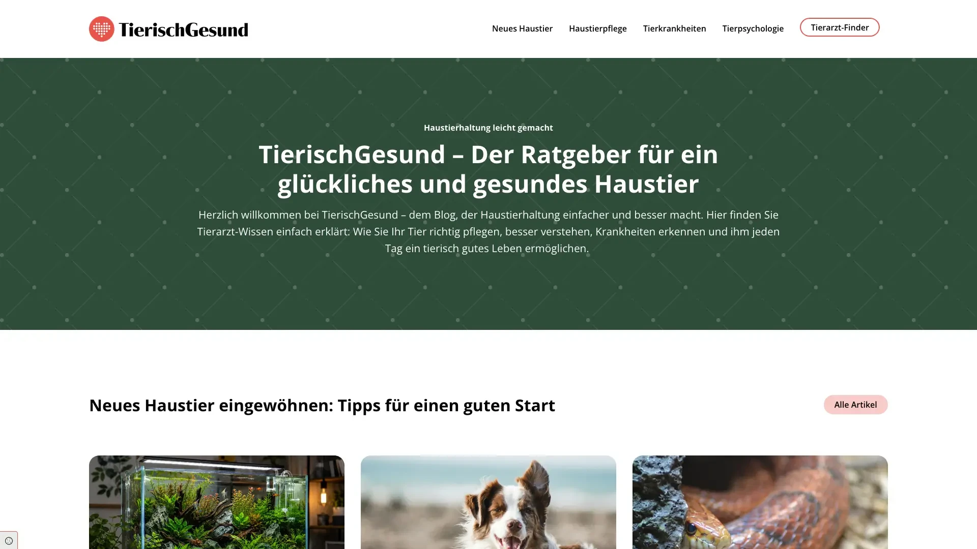 Screenshot der Startseite von TierischGesund – Ratgeber für ein glückliches und gesundes Haustier