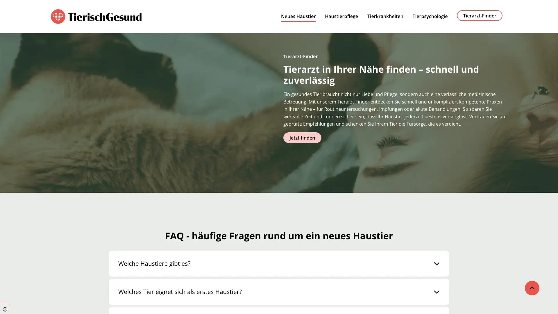 Screenshot der Website tierischgesund mit Tierarzt-Finder und FAQ zu neuen Haustieren