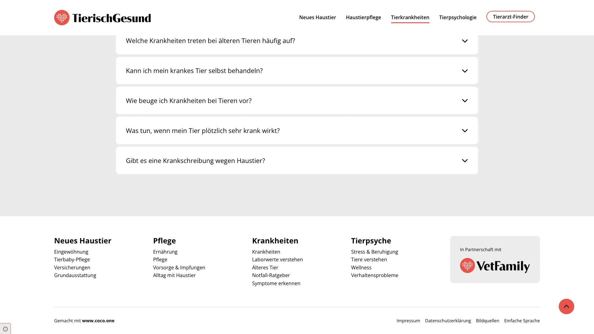 Screenshot der Website tierischgesund mit Fokus auf Tierkrankheiten und häufig gestellte Fragen zu kranken Haustieren