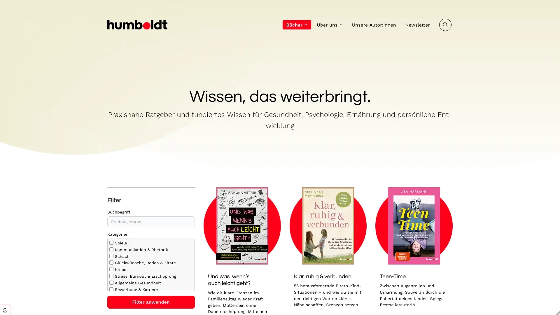 Screenshot der humboldt Verlag Website mit Ratgebern zu Gesundheit, Psychologie und persönlicher Entwicklung