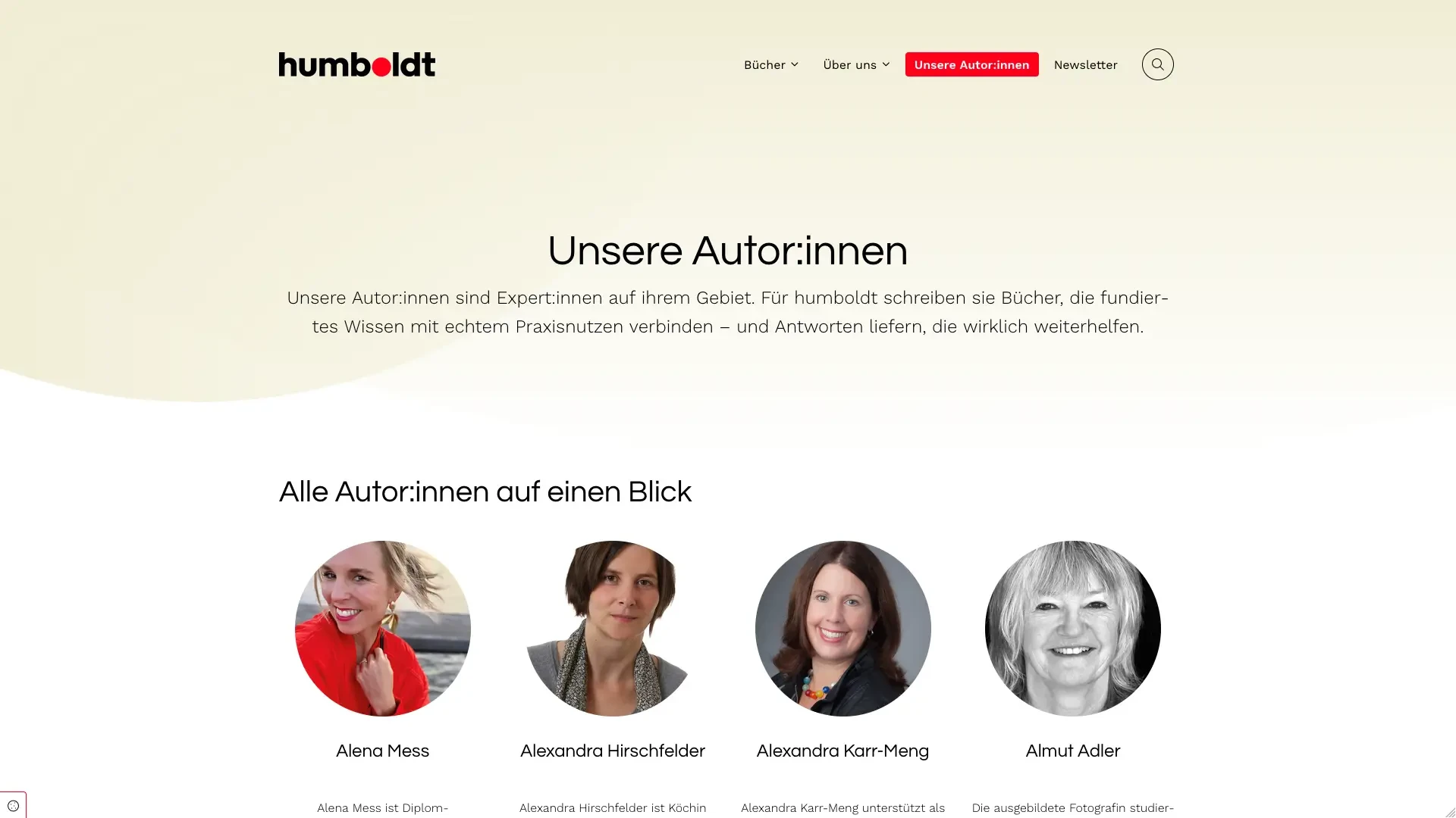 humboldt Autor:innen Übersicht mit Alena Mess, Alexandra Hirschfelder, Alexandra Karr-Meng und Almut Adler