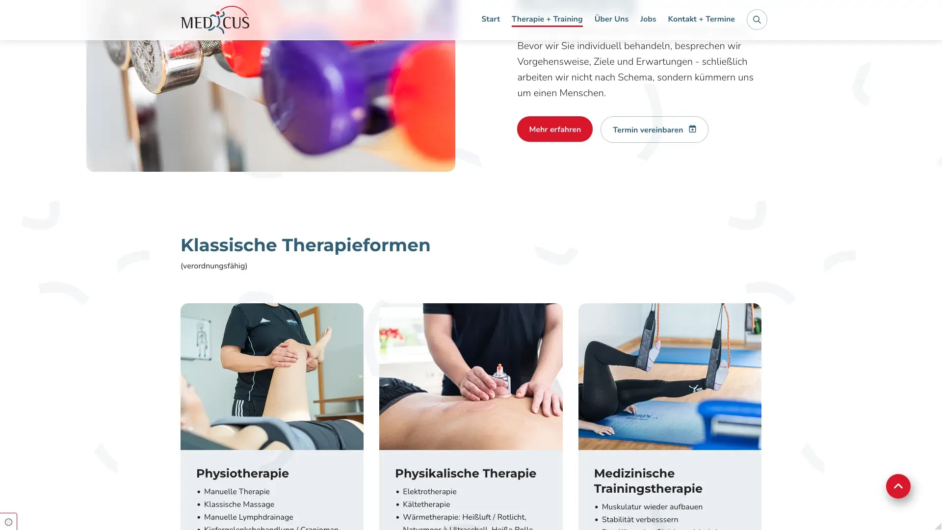 Medicus Therapiezentrum – verschiedene klassische Therapieformen wie Physiotherapie, physikalische Therapie und medizinische Trainingstherapie
