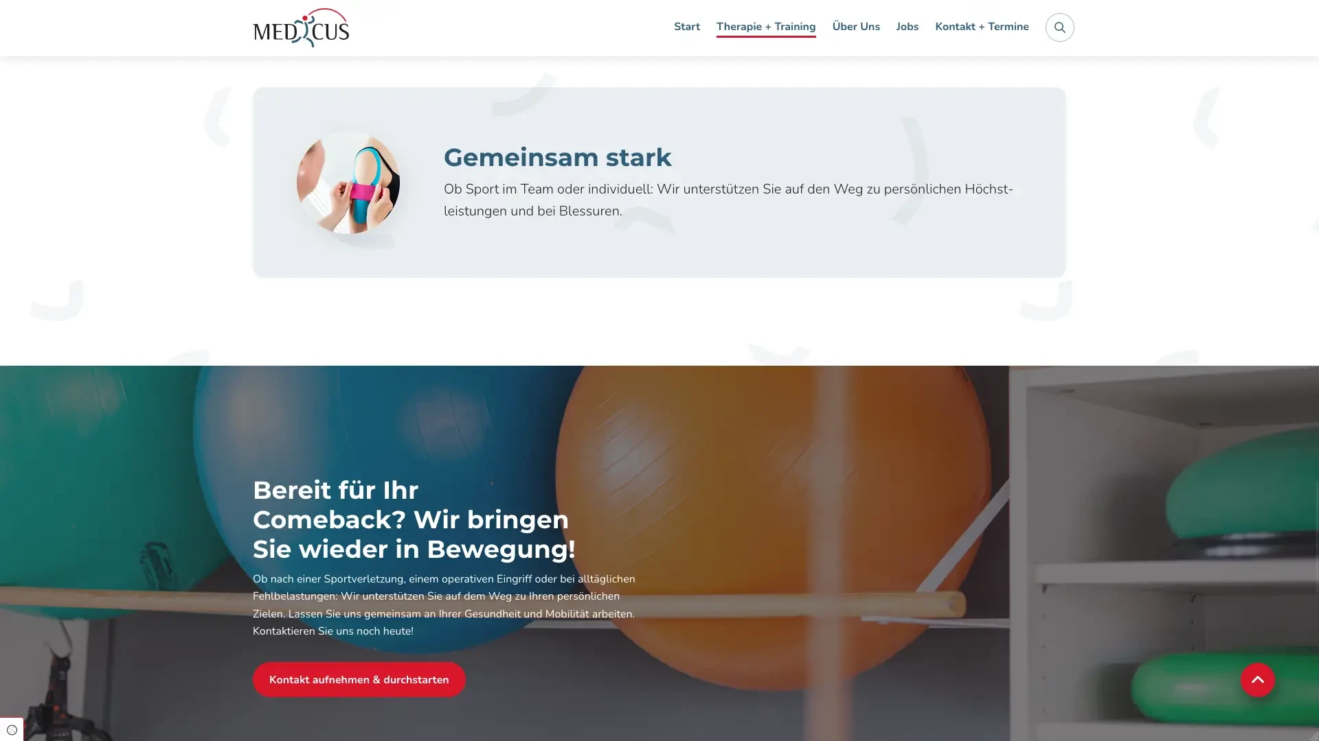 medicus Therapie und Training Webseite mit Physiotherapie-Angeboten und Gymnastikball
