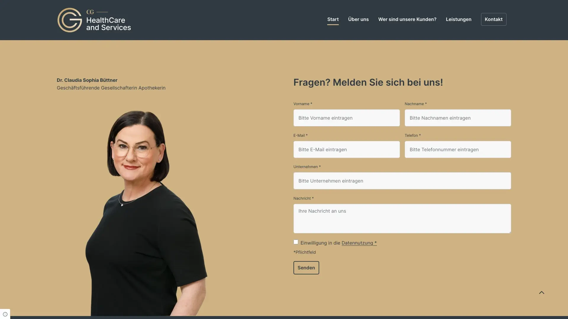 Kontaktformular und Ansprechpartnerin auf der cg-healthcare Webseite