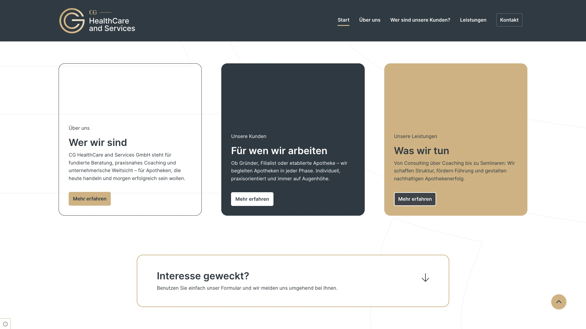 Screenshot der cg healthcare Webseite mit Informationen zu Leistungen und Kundenberatung fcr Apotheken