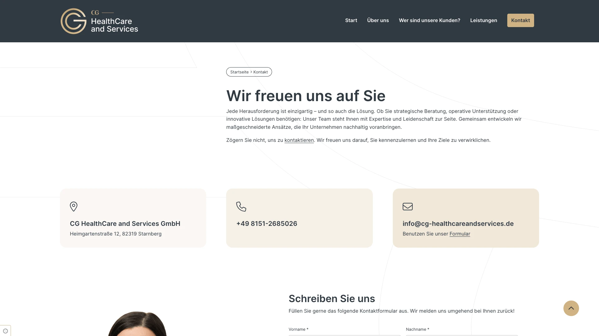 Kontaktseite von CG Healthcare Services GmbH mit Kontaktdaten und Kontaktformular