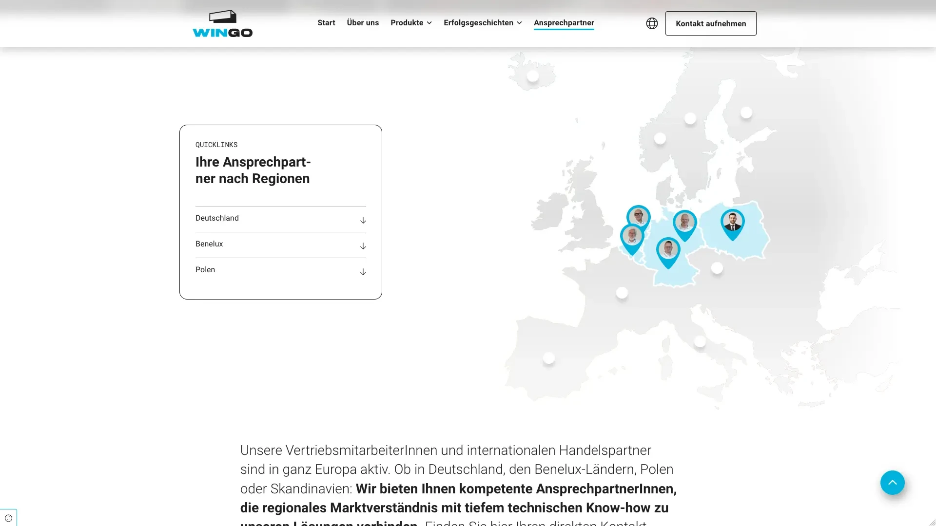 Wingo Ansprechpartner in Europa – Übersichtskarte mit Regionen Deutschland, Benelux und Polen