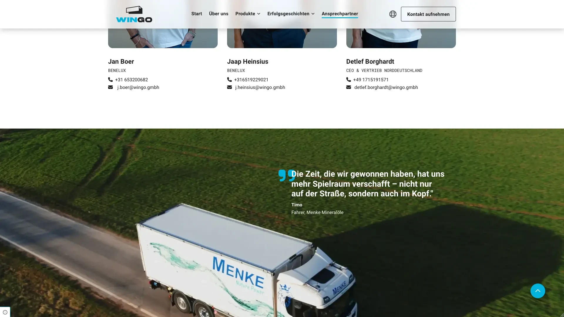 Wingo Ansprechpartner und Menke LKW auf Landstraße mit Zitat von Fahrer Timo