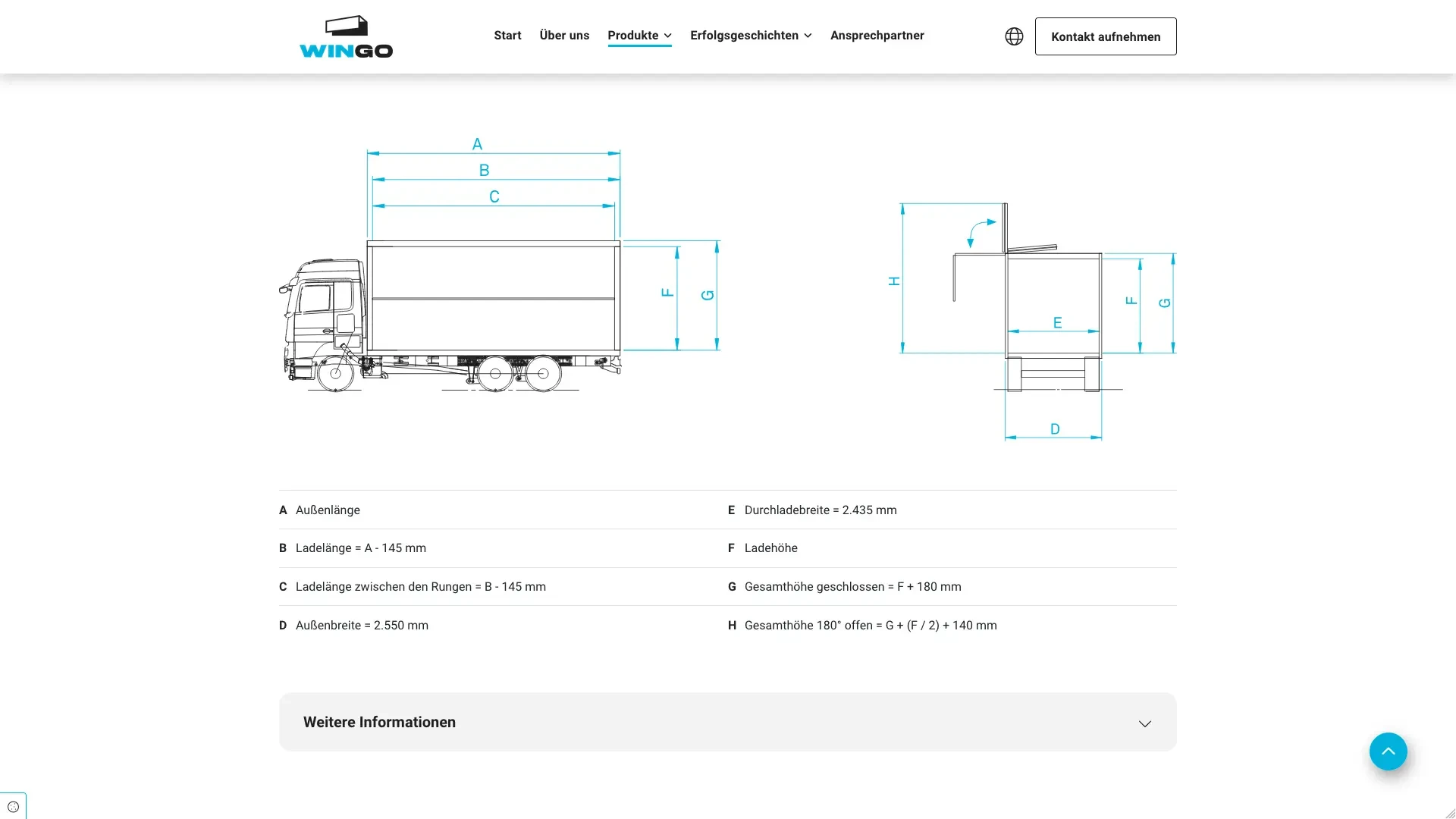 Technische Zeichnung und Maße eines Wingo Lkw-Aufbaus mit Beschriftungen