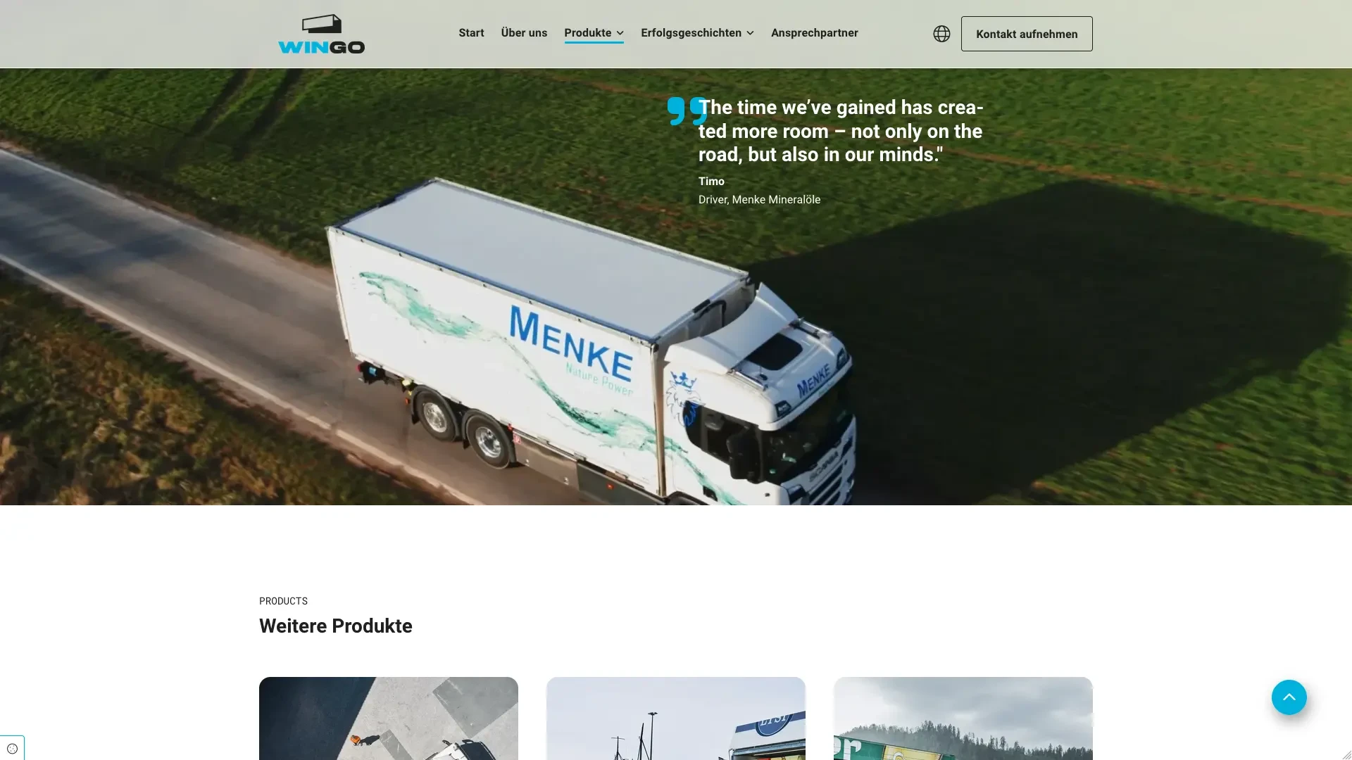 LKW von Menke Mineralöle auf einer Landstraße, Screenshot der Wingo-Website
