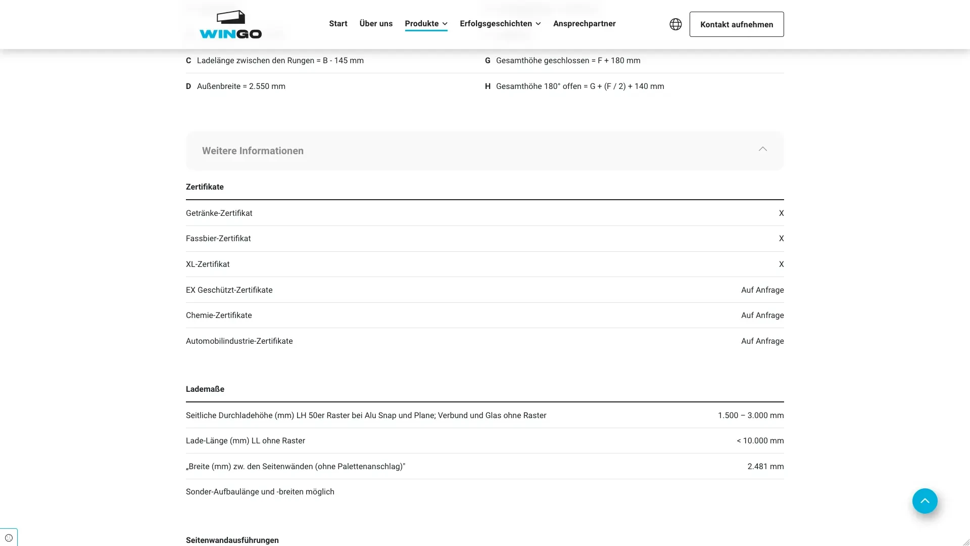 Produktübersicht und technische Daten von Wingo 18 auf der Website