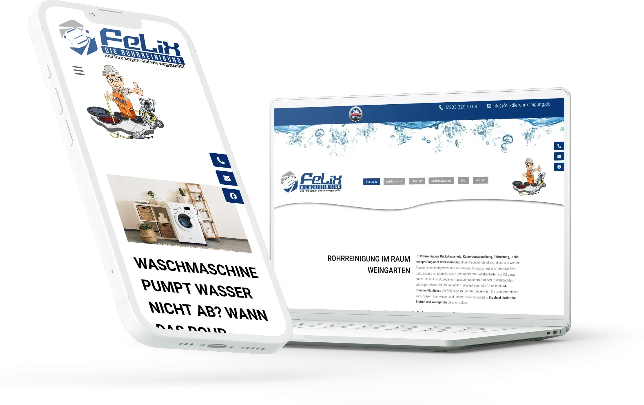 Headerbild der Felix Rohrreinigung Webseite auf Smartphone und Laptop
