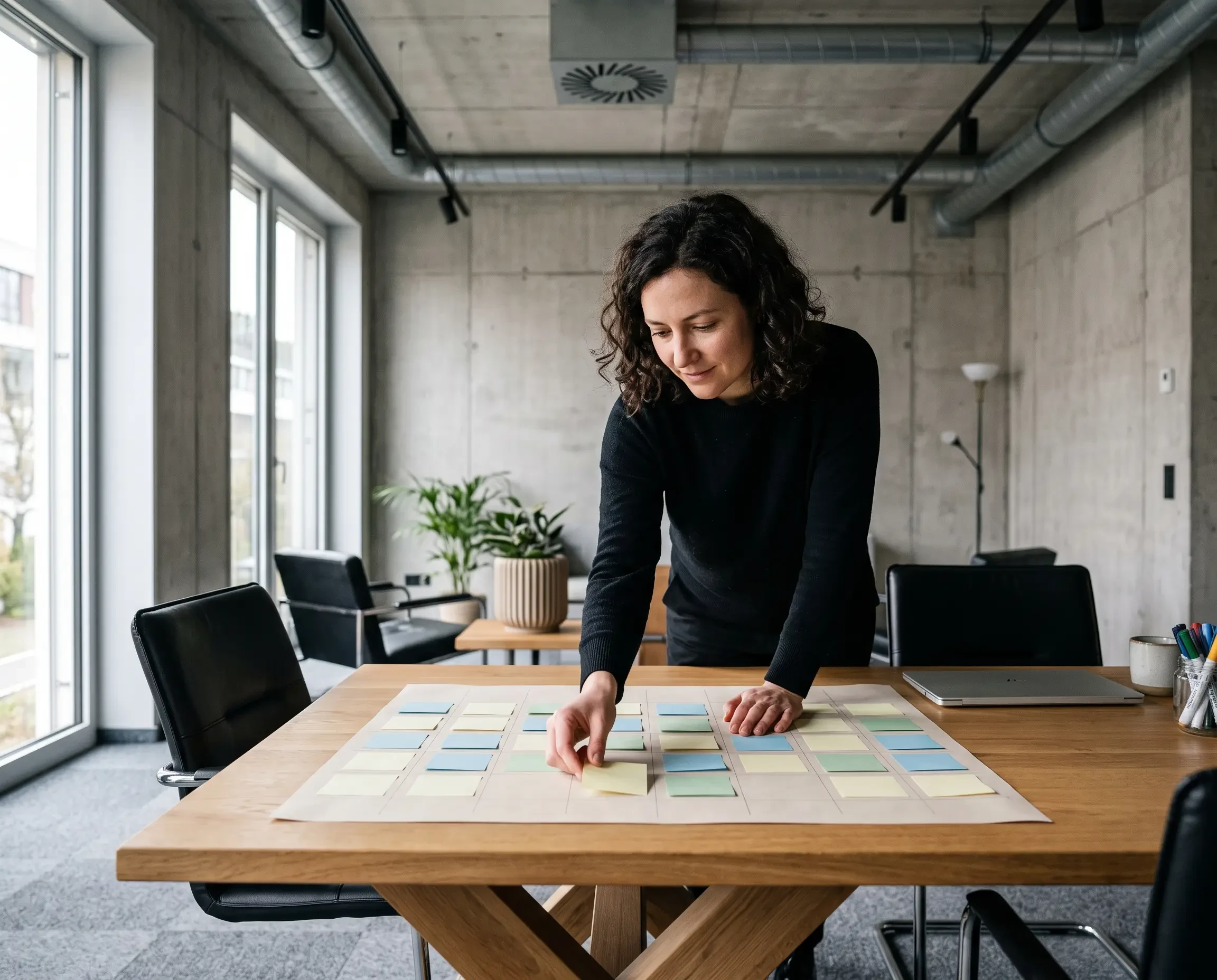 Frau plant SEO-Strategie mit Post-its im modernen Büro – seo-gemini-generated-image-ezkgeuezkgeuezkg (KI-generiert)