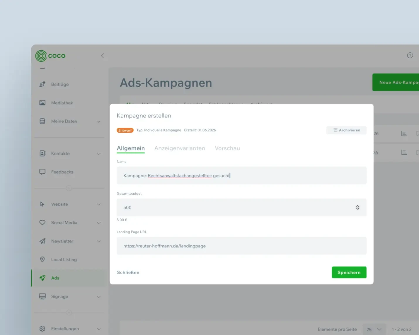 Dialog zum Anlegen einer Ads-Kampagne in COCO mit Feldern für Kampagnenname, Gesamtbudget und Landingpage