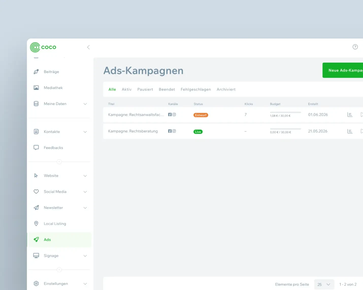 Übersicht der Ads-Kampagnen in COCO mit Kanälen, Status, Klicks, verbrauchtem Budget und Erstelldatum