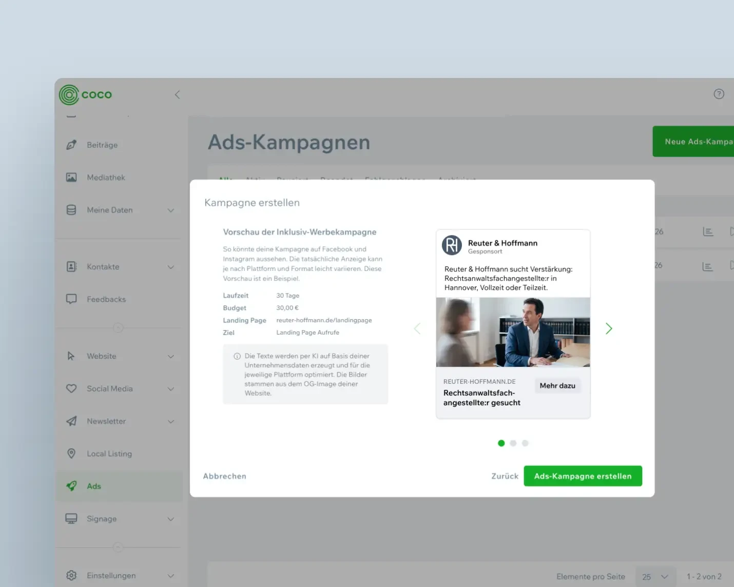 Kampagnenvorschau in COCO mit Laufzeit, Budget, Landingpage und Werbeziel neben der Anzeigenvorschau